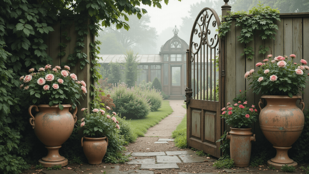 "Vintage garden scene with wrought iron gate entwined with roses, terracotta pots, and cast iron urns filled with flowers in morning mist"