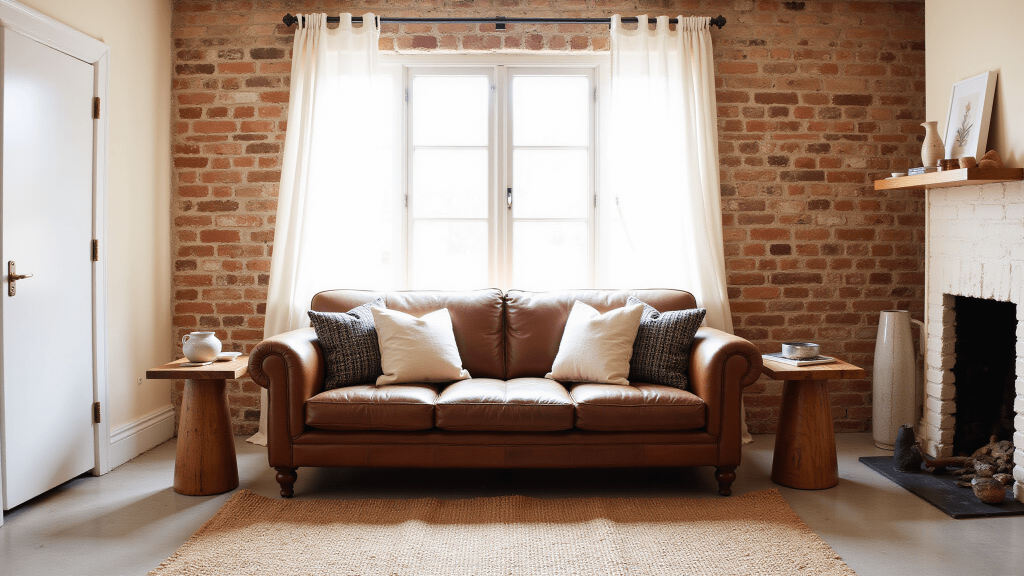 "Sunlit living room with exposed brick walls, weathered leather sofa, handmade ceramics, and natural textures on a cream background"