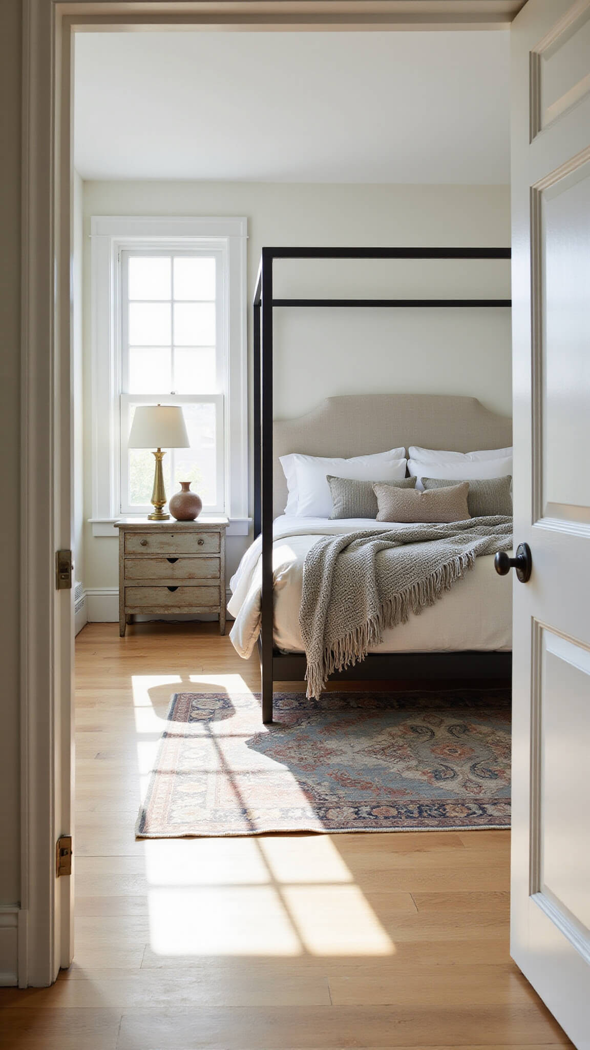 Transitional 14x16ft bedroom with black four-poster bed, cream upholstered headboard, layered neutral bedding, brass nightstands, ceramic lamps, vintage Persian rug, and warm morning light through floor-to-ceiling windows.