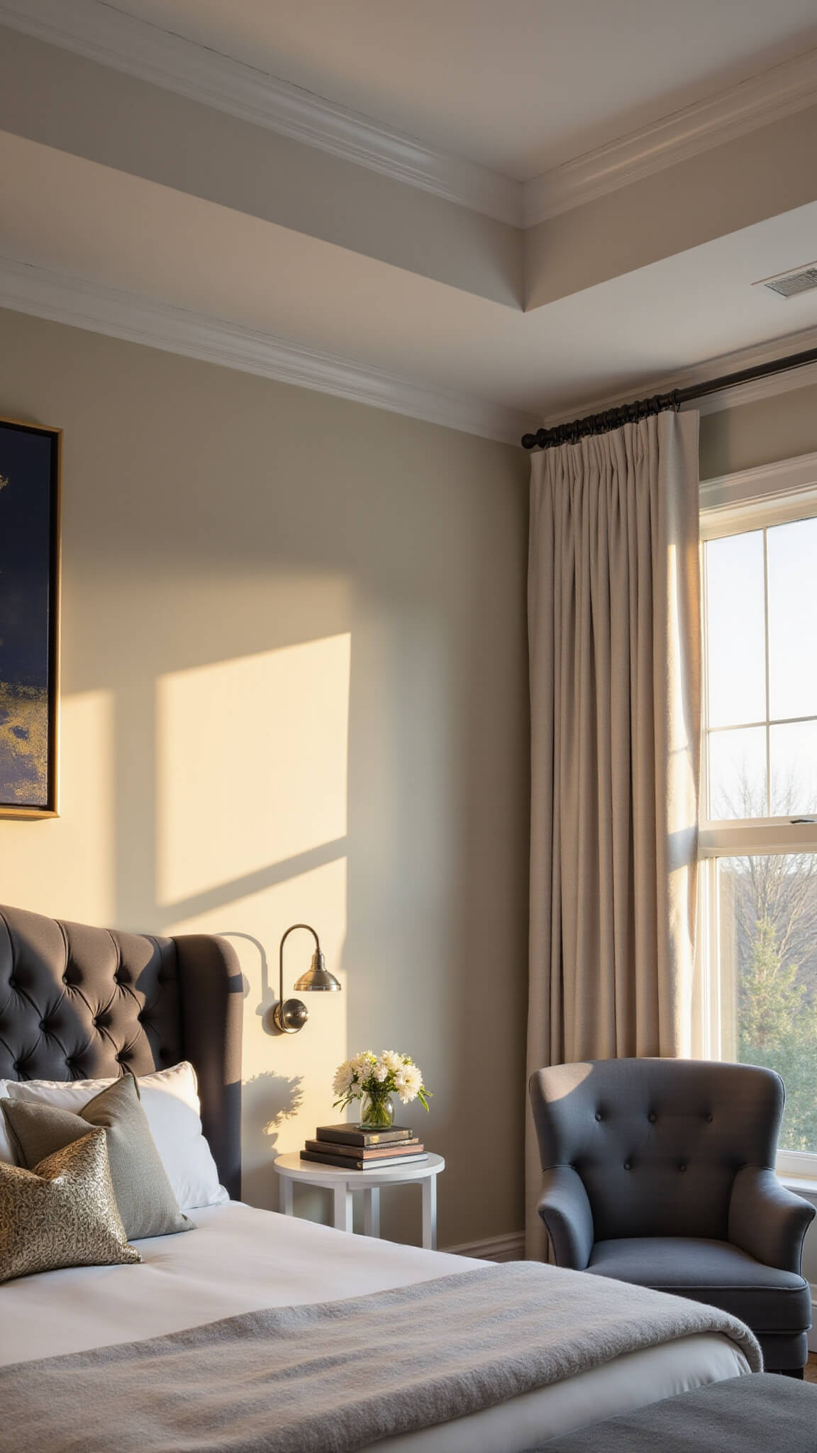 Transitional 12x14ft bedroom at golden hour with tall tray ceiling, slate velvet wingback headboard, sheer linen drapes, and ambient sconces.