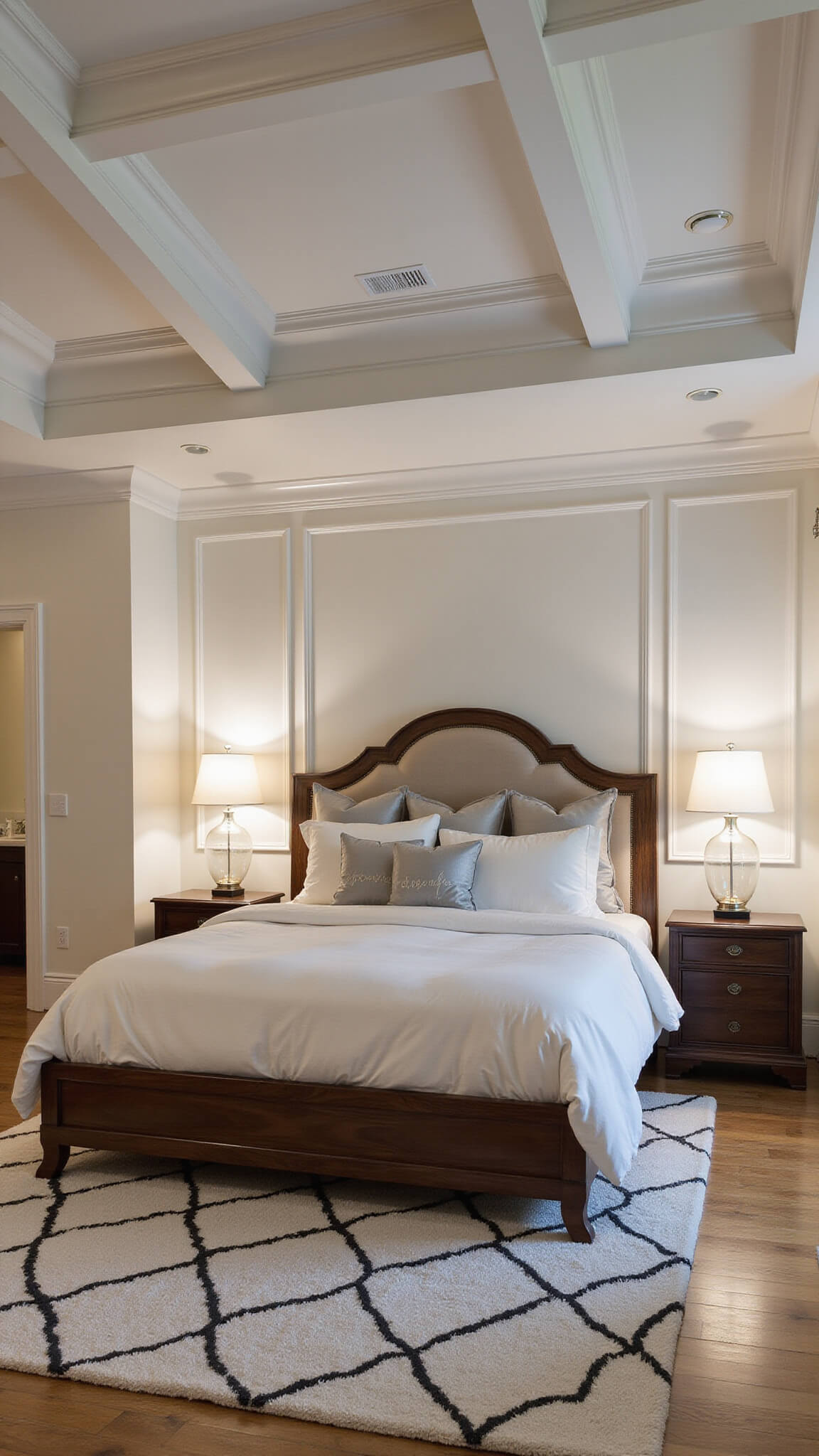 Luxurious 16x18ft primary bedroom at dusk with coffered ceilings, herringbone hardwood floors, walnut platform bed, ivory linens, mercury glass lamps, and geometric cream and charcoal rug.