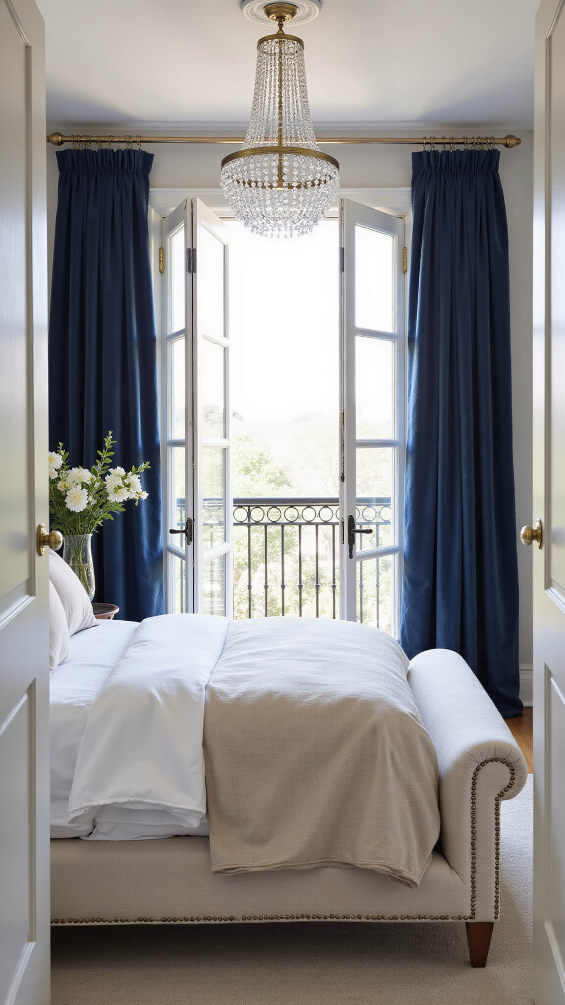 Transitional 13x15ft bedroom with curved oatmeal linen bed, vintage chandelier, navy velvet curtains, and French doors to Juliet balcony.