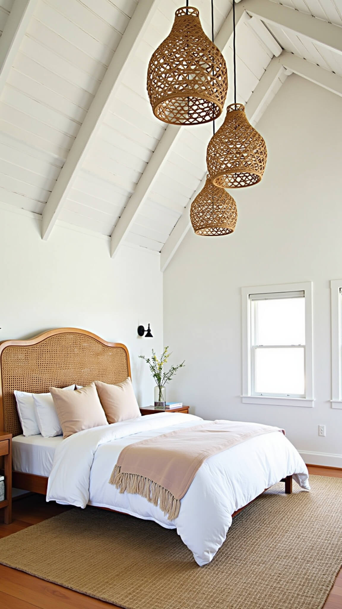 Airy 15x17ft bedroom with vaulted ceilings, white beams, California king bed with cane headboard, soft-toned bedding, rattan pendant lights, and layered natural fiber rugs.
