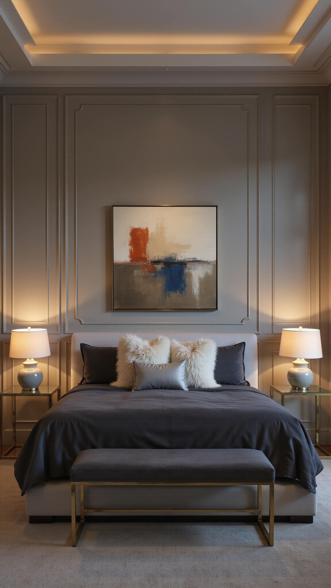 Sophisticated 14x16ft bedroom at twilight with warm greige board and batten walls, charcoal velvet platform bed, brass and acrylic side tables, Mongolian fur pillows, ceramic lamps, and abstract art in cream, rust, and navy.
