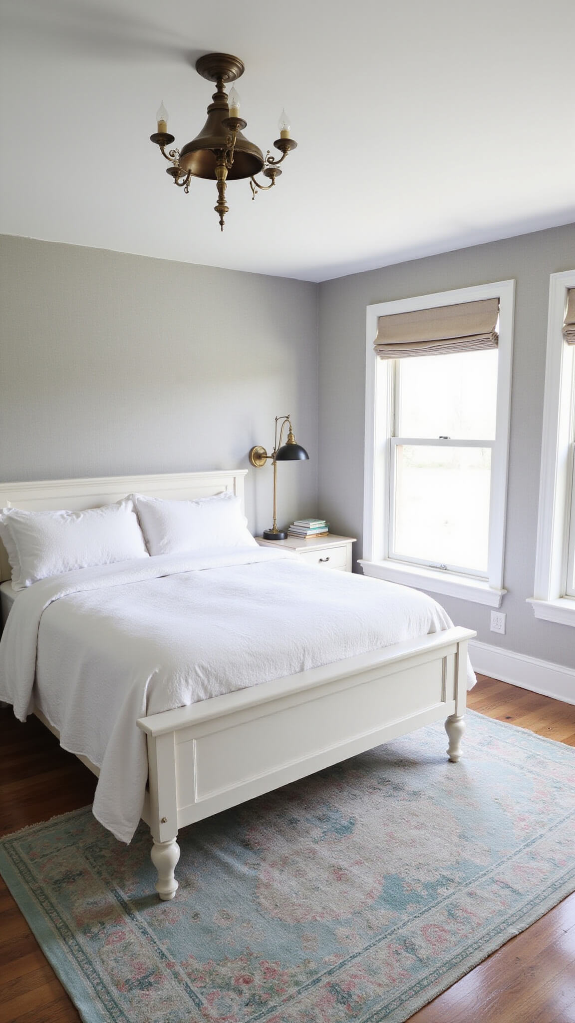 Serene 15x15ft bedroom with pale gray grasscloth wallpaper, white bouclé upholstered bed, vintage overdyed rug in muted teals and roses, mixed metal lighting, and sheer roman shades filtering morning light.