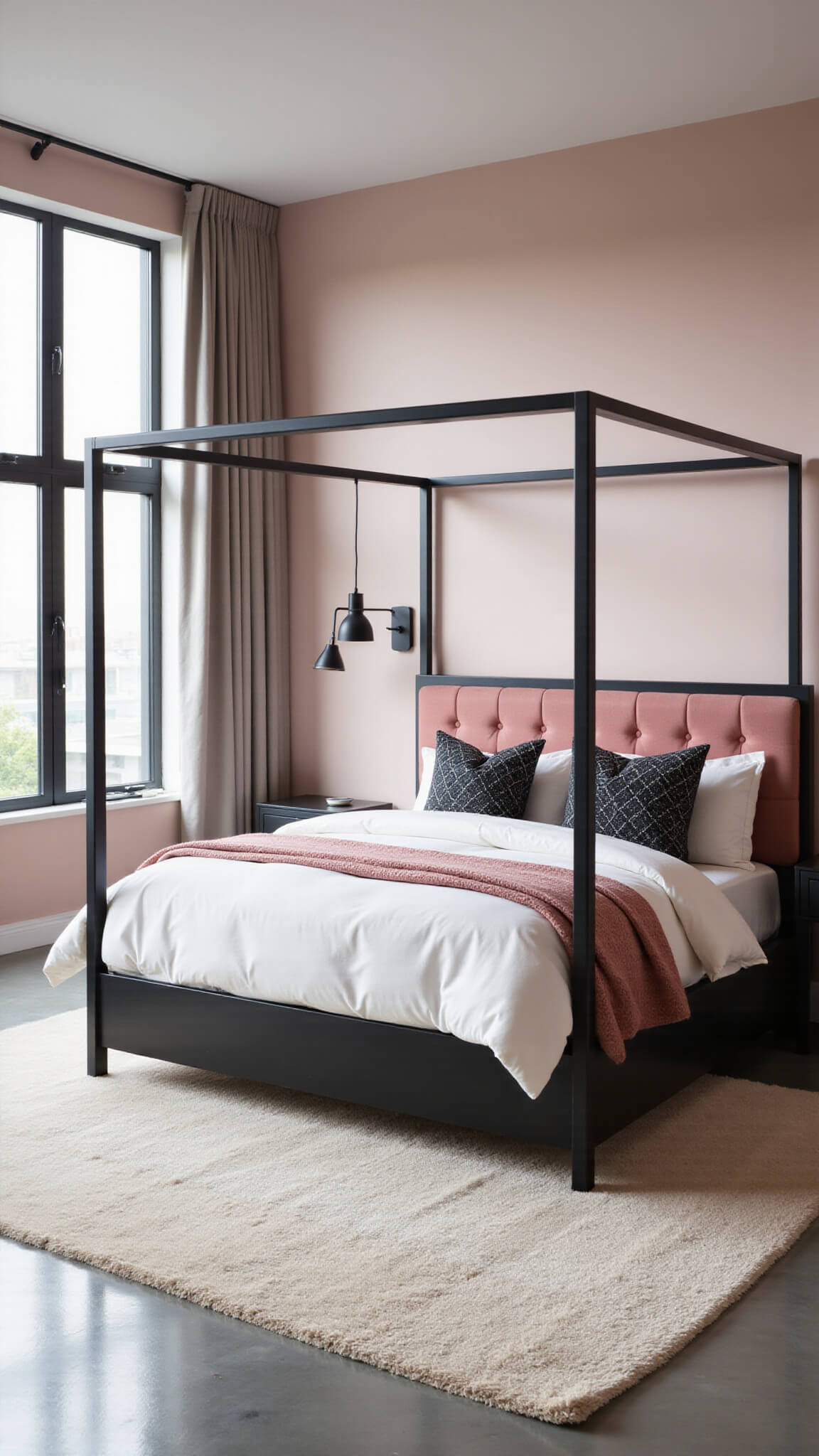 Modern 14x16ft bedroom with four-poster bed, pink accent wall, velvet headboard, and floor-to-ceiling windows in soft morning light.