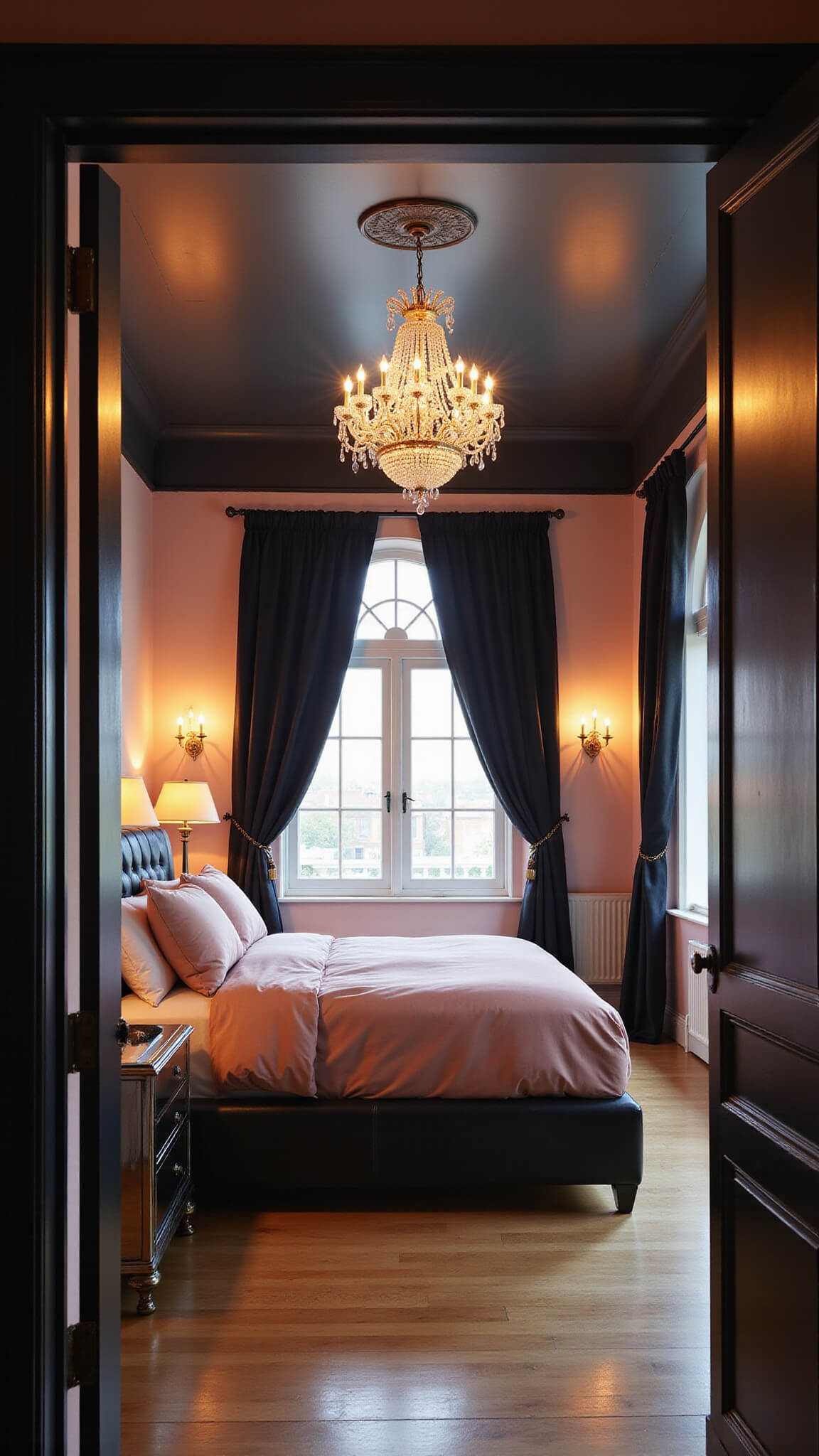 Romantic 12x12ft bedroom with black ceiling, pink walls, chandelier, king bed with silk bedding, and velvet curtains at golden hour.
