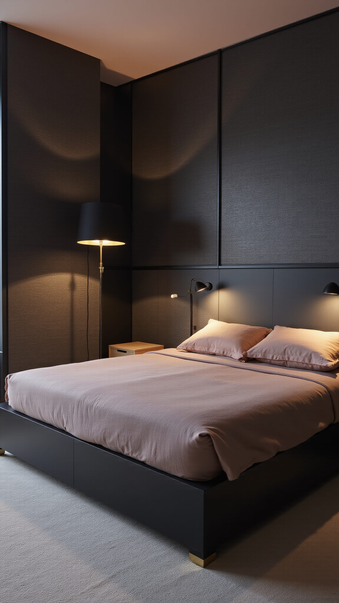 Minimalist 15x15ft bedroom at dusk with charcoal grasscloth walls, pale pink ceiling, centered low black bed with blush bedding, moody lighting, and brass accents.