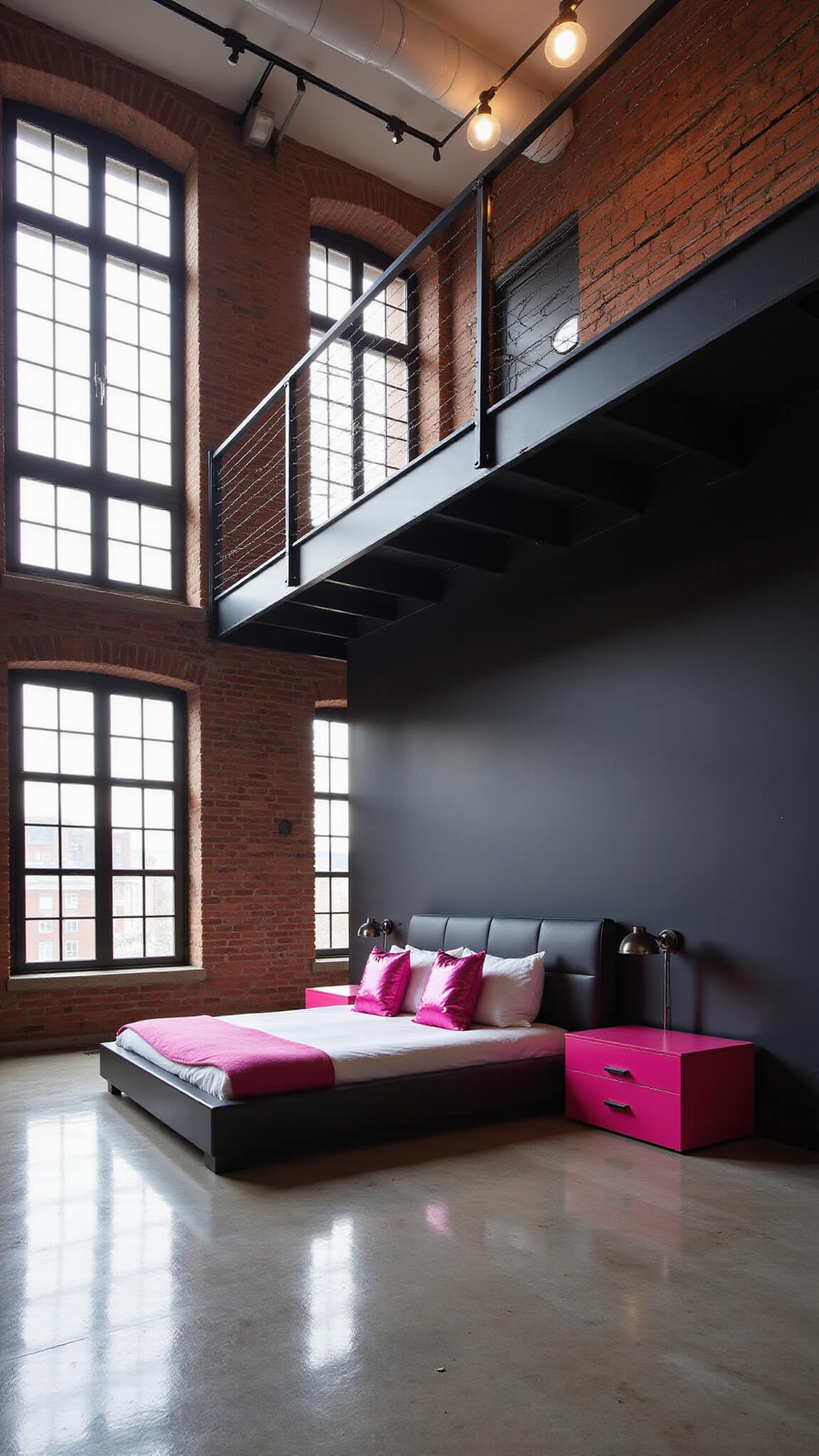 Loft bedroom with matte black brick walls, industrial windows, pink accents, and black steel platform bed, viewed from mezzanine level.