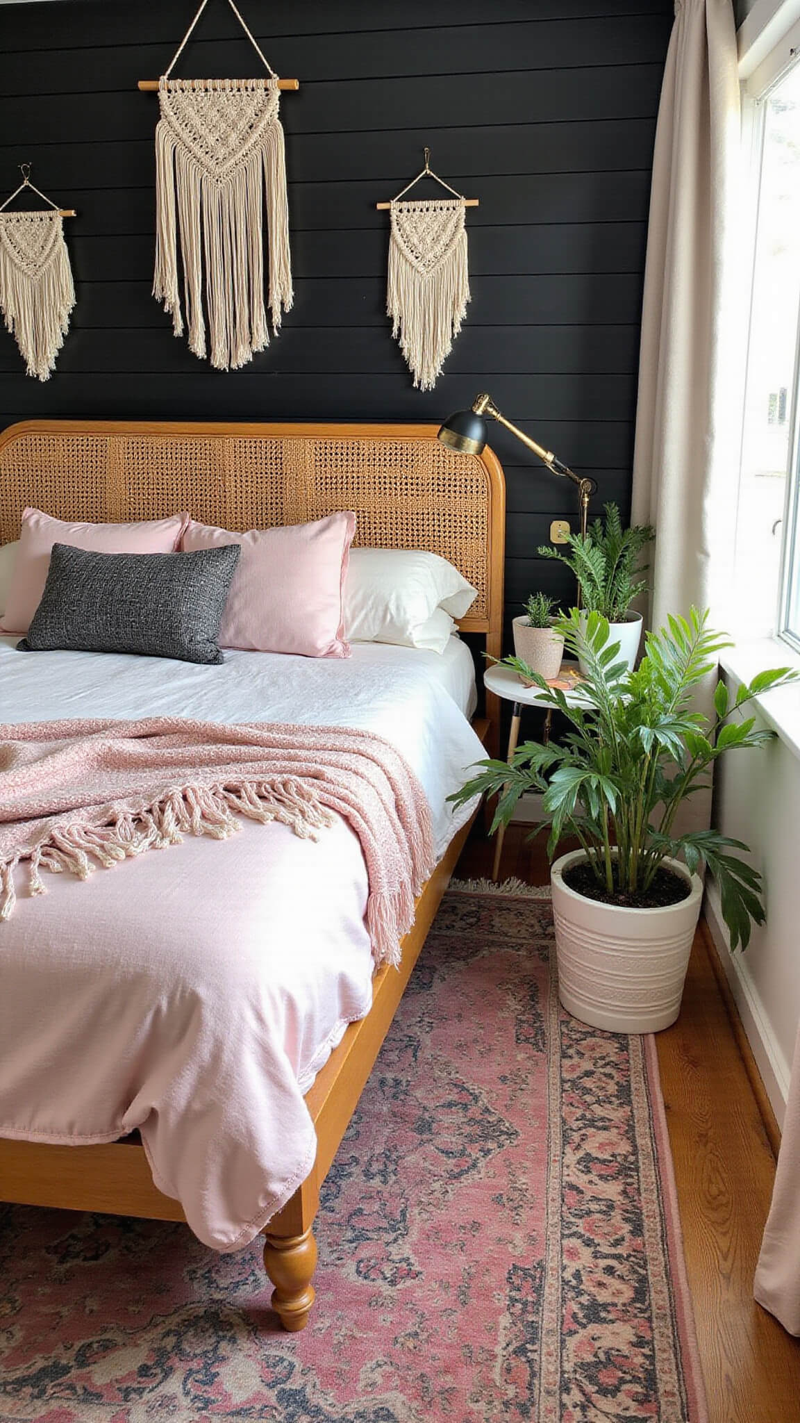 Boho bedroom with black shiplap accent wall, rattan headboard, macramé art, vintage rose rug, and plants in sunrise light.