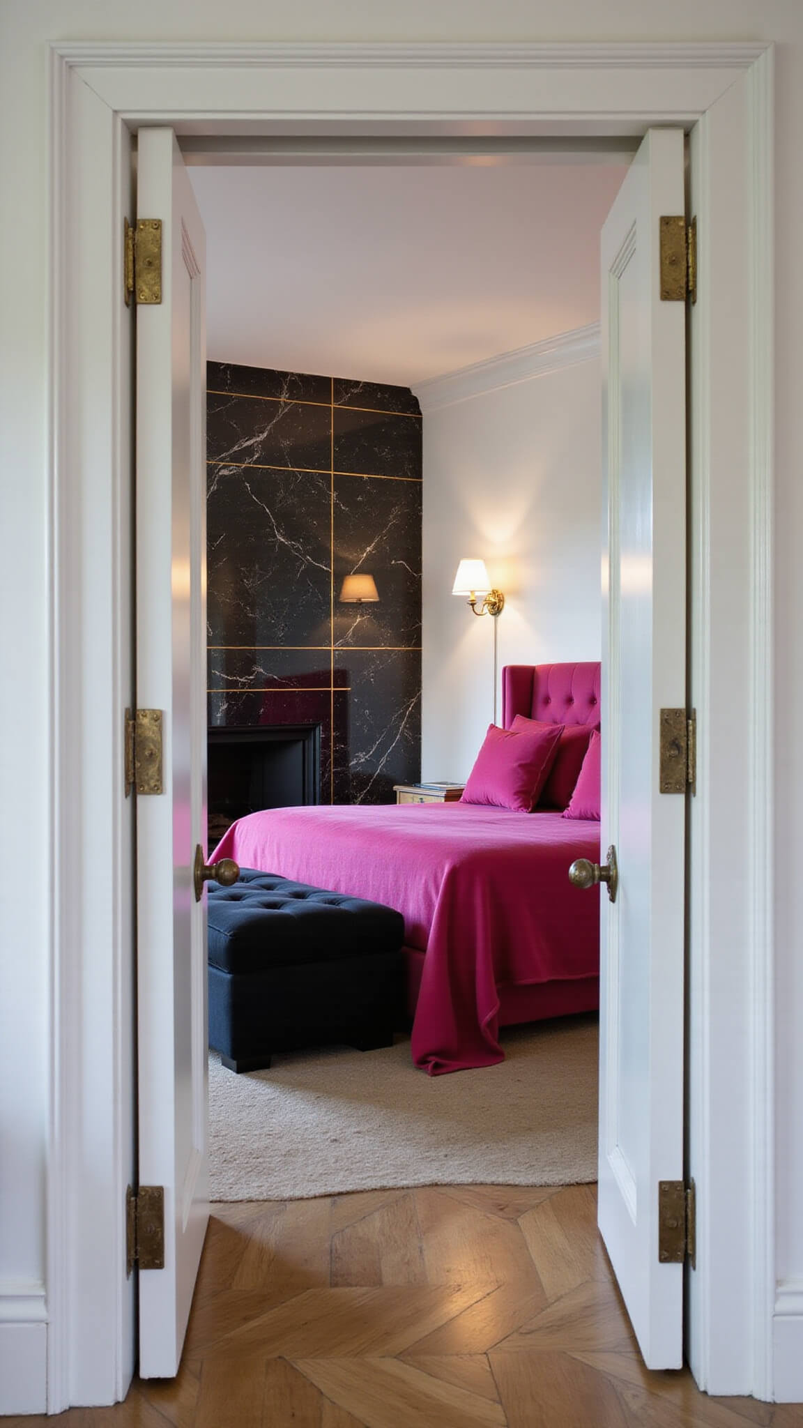 Luxurious master suite with pink velvet king bed, black marble fireplace with gold inlay, black tufted chaise, mirrored walls, and white oak herringbone floors, lit by crystal sconces.