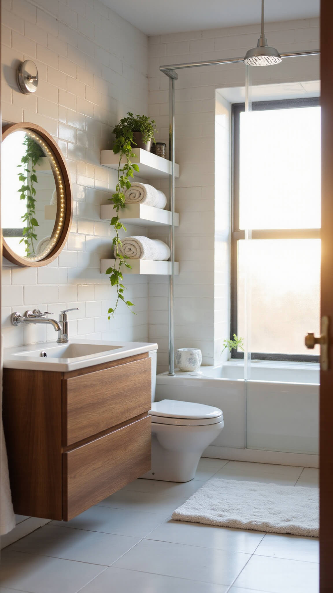 Minimalist bathroom with white subway tiles, floating walnut vanity, LED mirror, glass shower, and morning light streaming through frosted window.