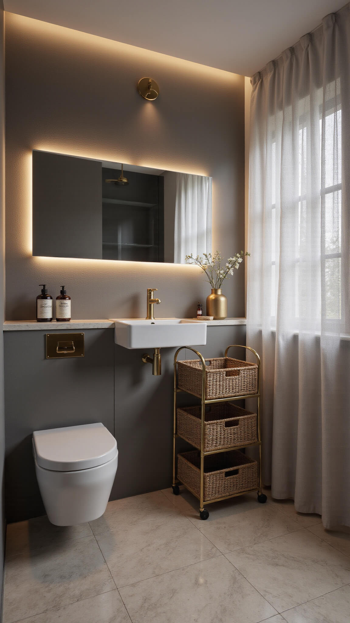 Compact 6x6ft luxury bathroom at dusk with warm LED strip lighting, marble-effect tiles, floating mirror, brass cart, and wall-mounted toilet.