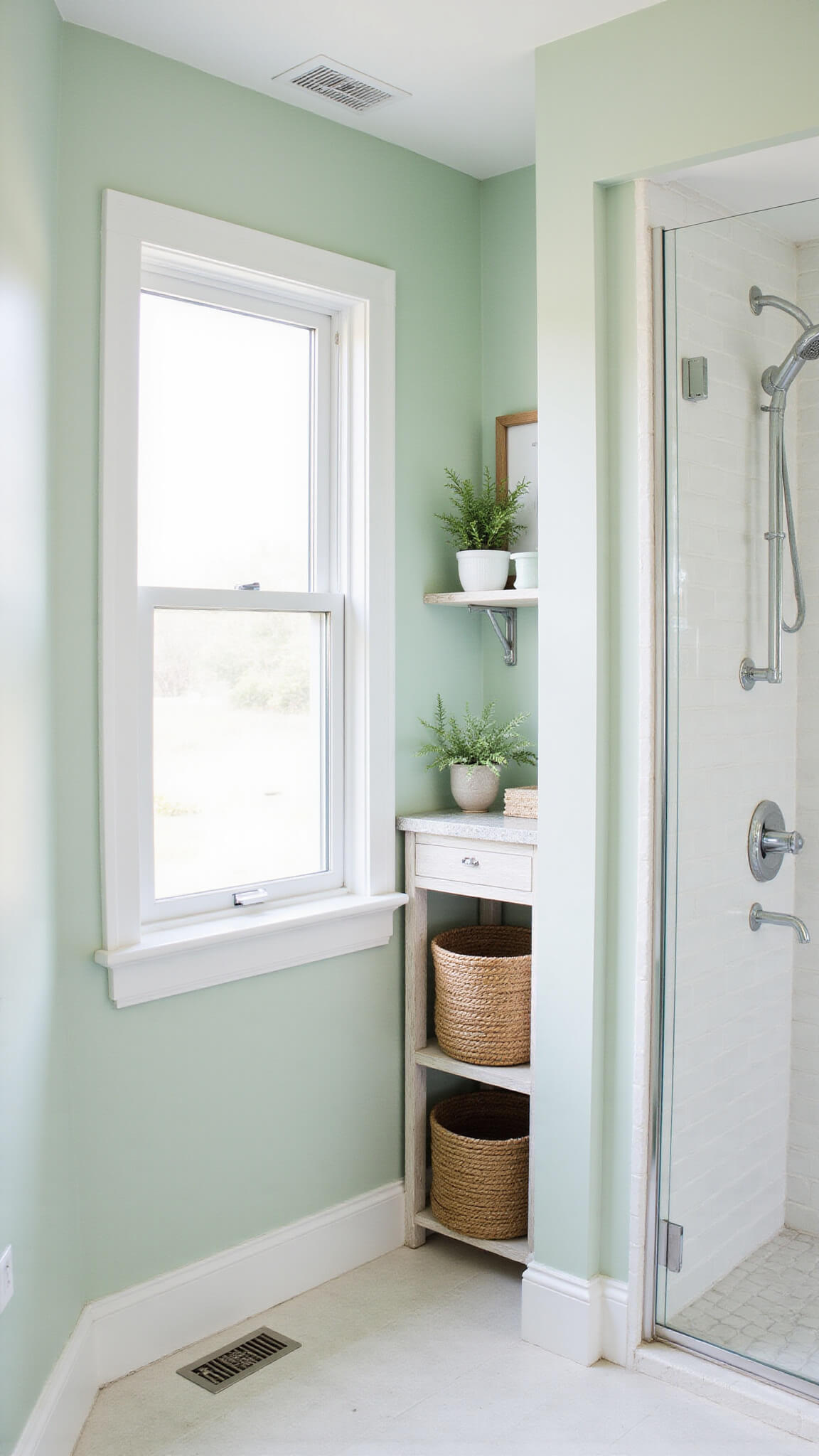 Minimalist coastal bathroom with seafoam green accent wall, white surfaces, ladder shelf, chrome fixtures, and woven storage baskets bathed in natural and LED light.