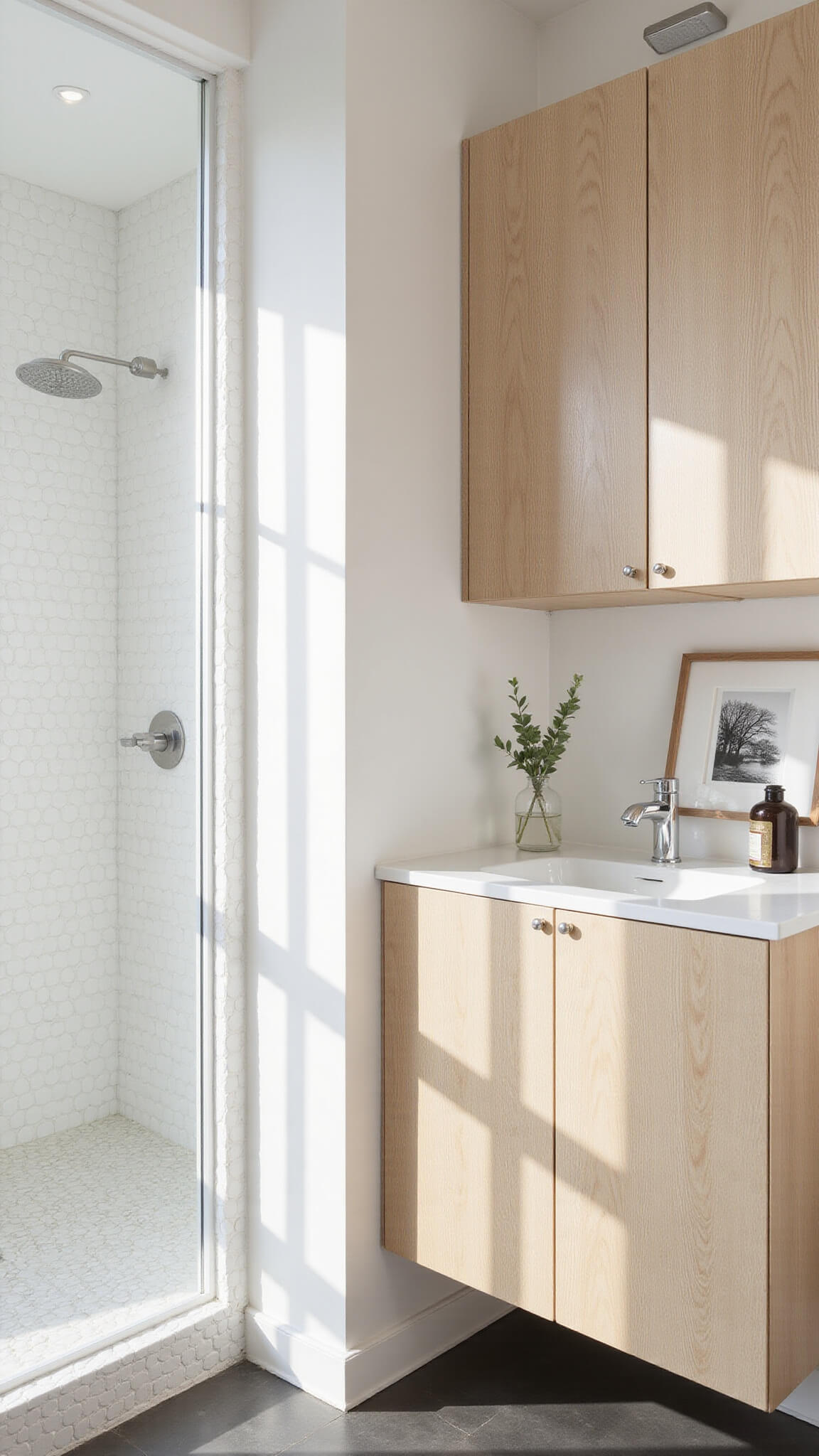Scandinavian-style bathroom with pale wood accents, white walls, penny tile shower, minimalist decor, and soft natural lighting.