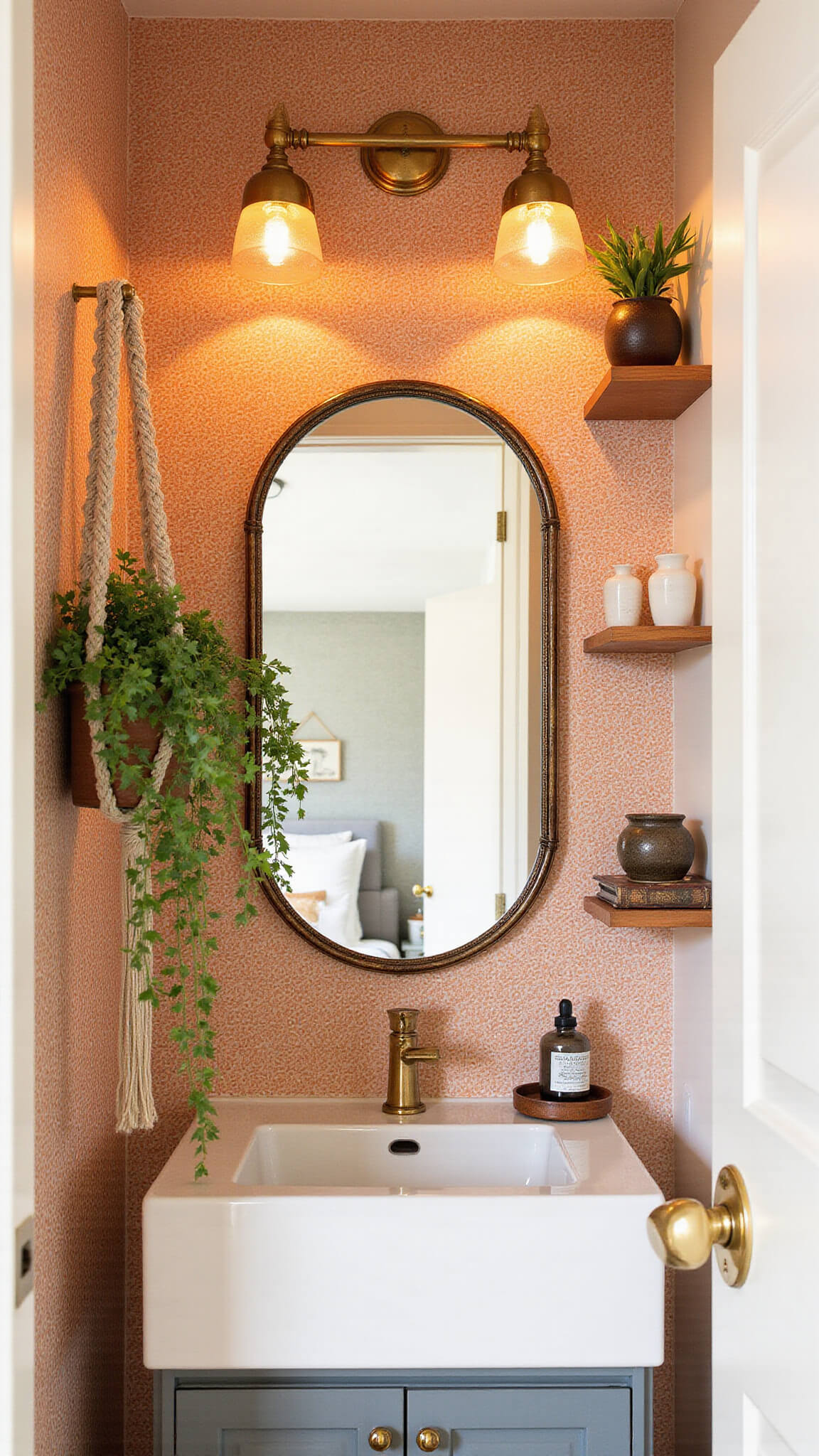 Cozy bohemian bathroom with terracotta Moroccan wallpaper, macramé plant hanger, copper shelves with pottery, and vintage brass-framed mirror.