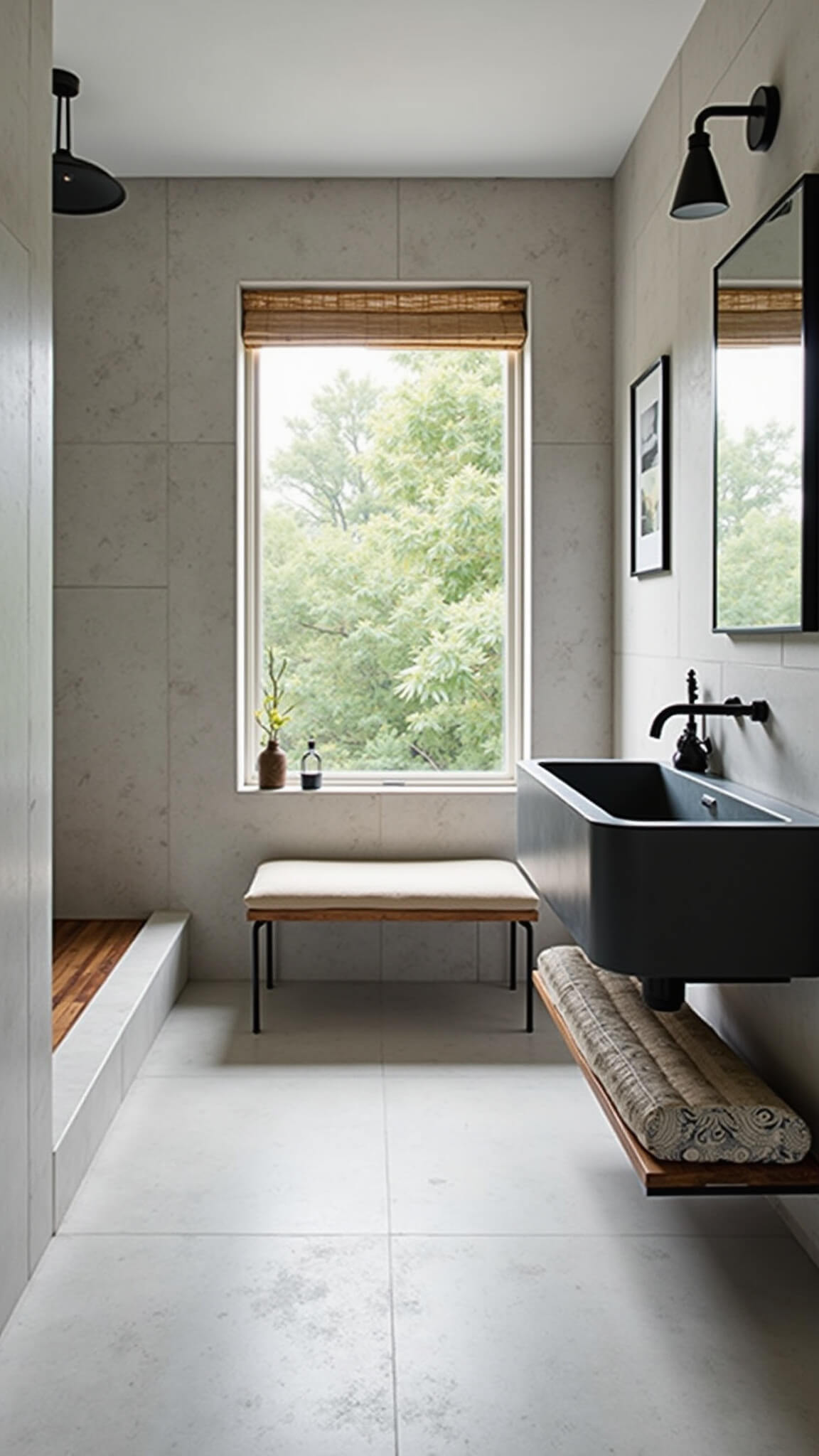 Modern Zen 6x7ft bathroom with light gray tile walls, teak accents, matte black fixtures, and diffused natural light creating a calm, balanced atmosphere.