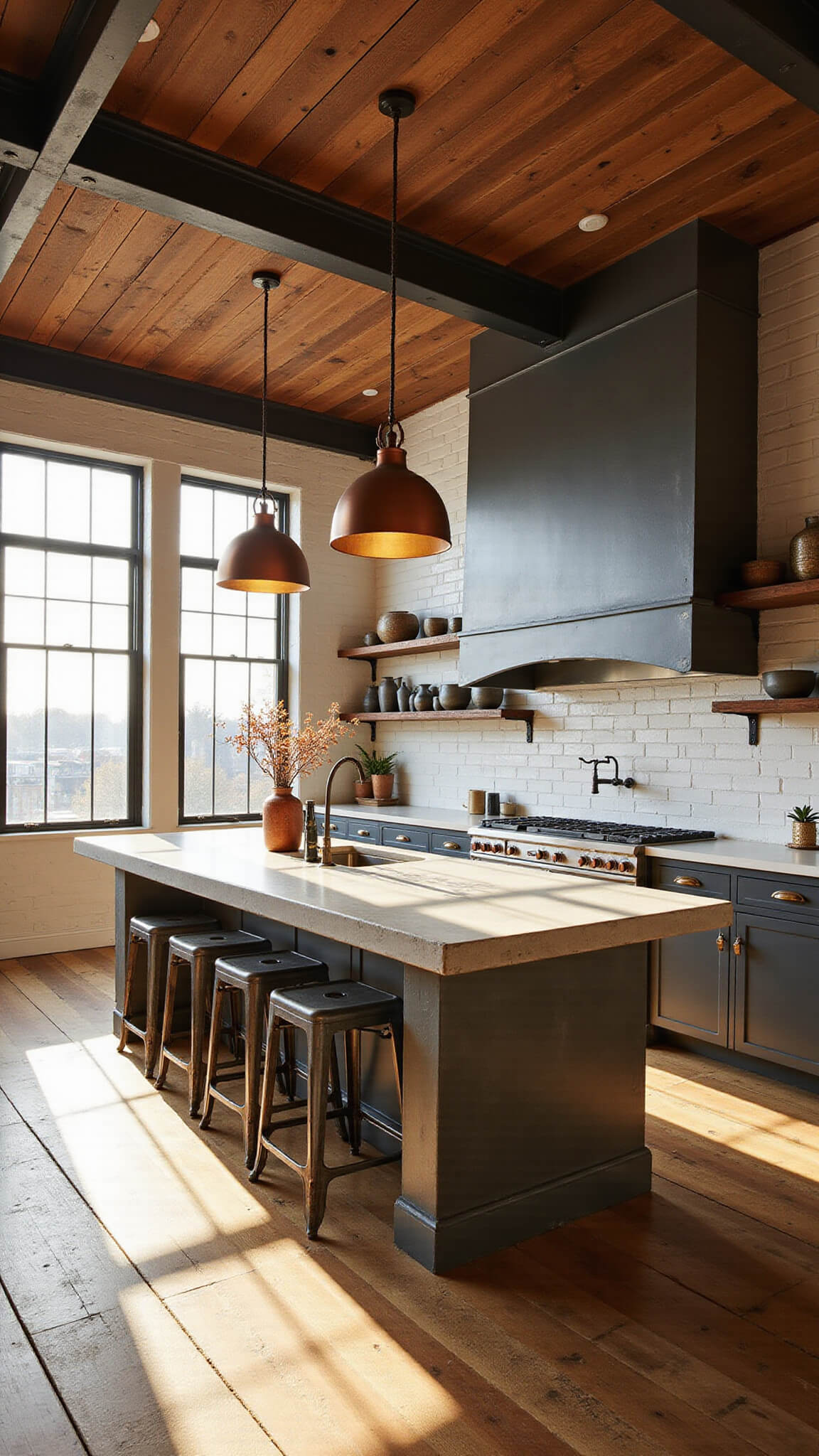 Industrial farmhouse kitchen with concrete island, reclaimed wood floors, exposed steel beams, and warm morning light streaming through tall factory windows.