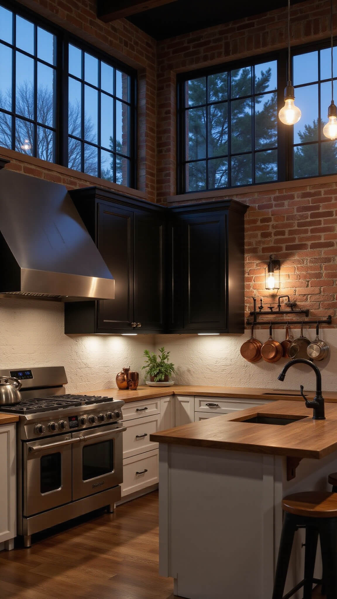 Intimate L-shaped industrial farmhouse kitchen at twilight with zinc hood, black and white oak cabinets, brick backsplash, and copper cookware in warm, moody lighting.