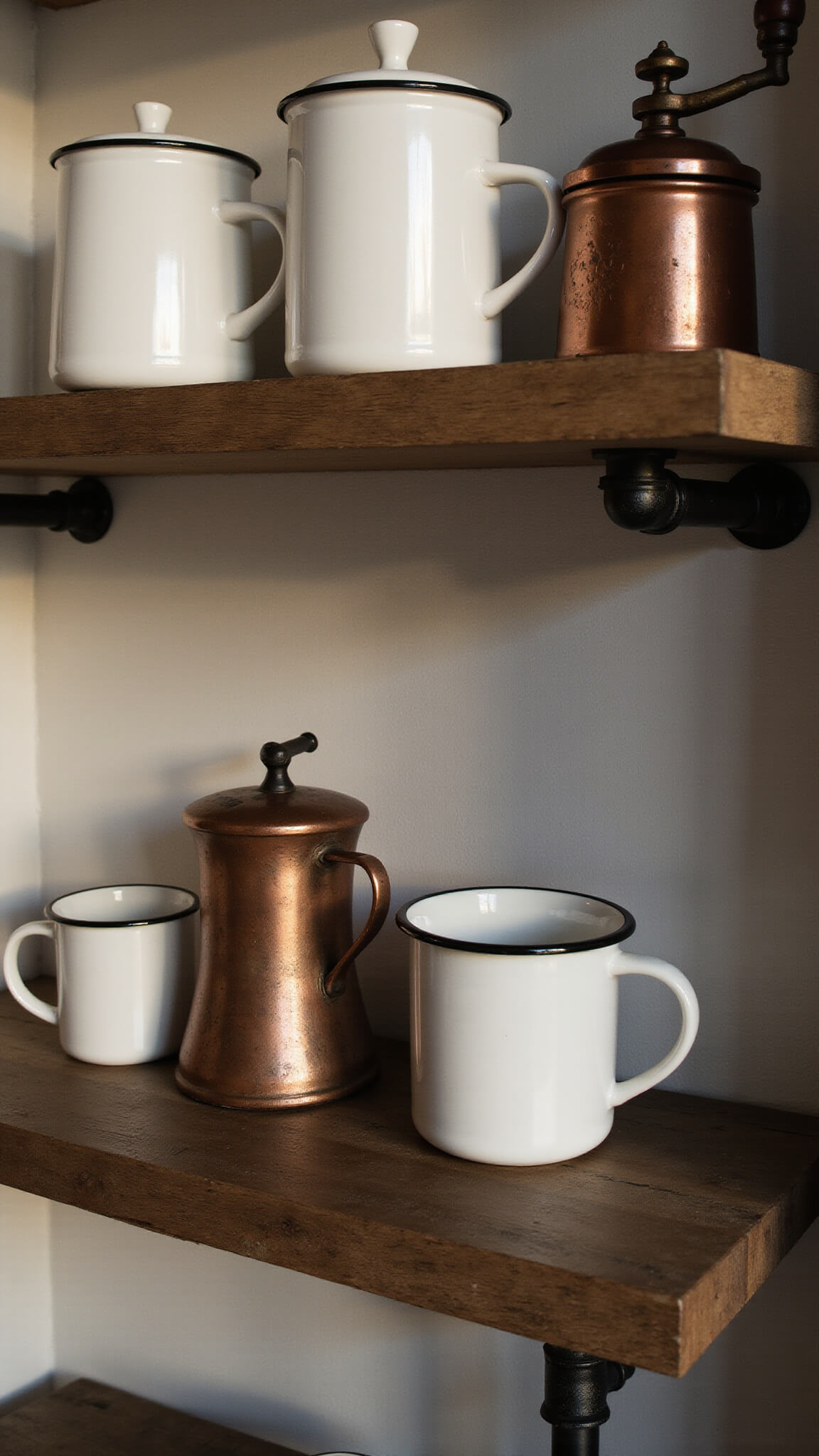 Macro shot of an industrial farmhouse coffee station with reclaimed wood shelves, white ceramic canisters, a copper coffee grinder, and enamel mugs in warm morning light.