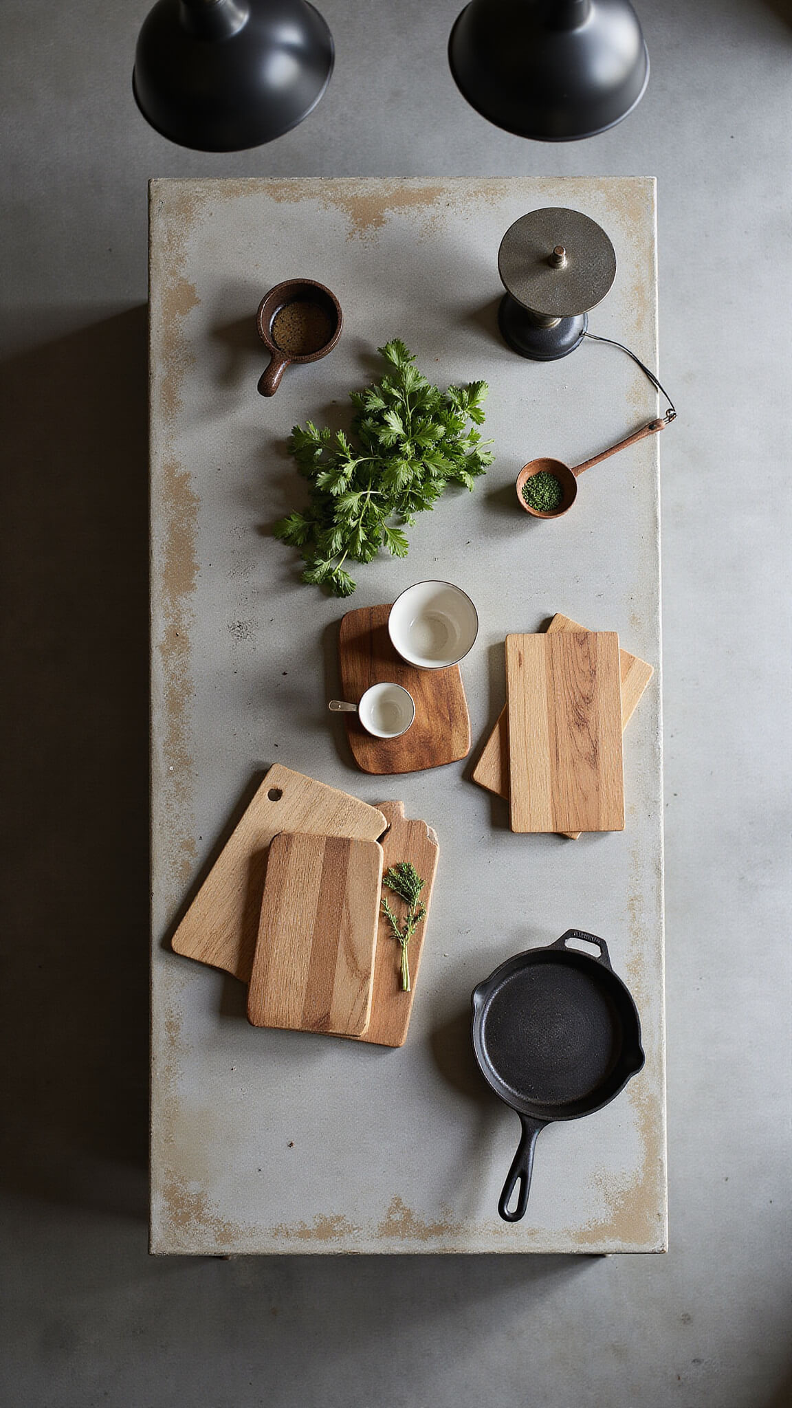 Overhead view of an industrial farmhouse kitchen island with concrete countertop, wooden cutting boards, ceramic bowls, fresh herbs, vintage scale, and cast iron cookware under black metal pendant lights.