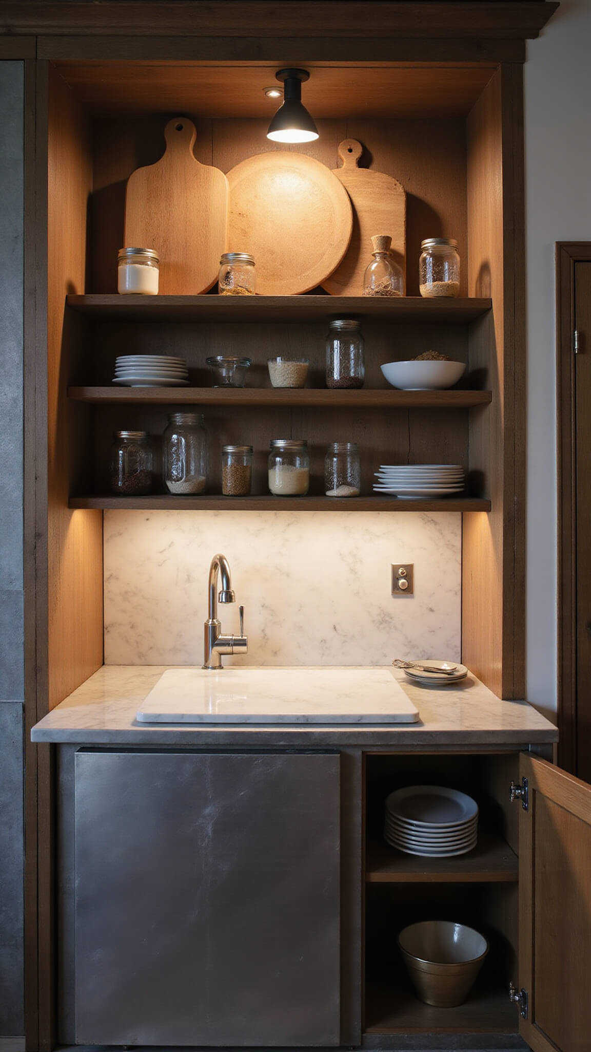 Eye-level view of a moody industrial farmhouse kitchen baking station with warm under-cabinet lighting, vintage bread boards, mason jars, marble countertop, and zinc cabinetry.