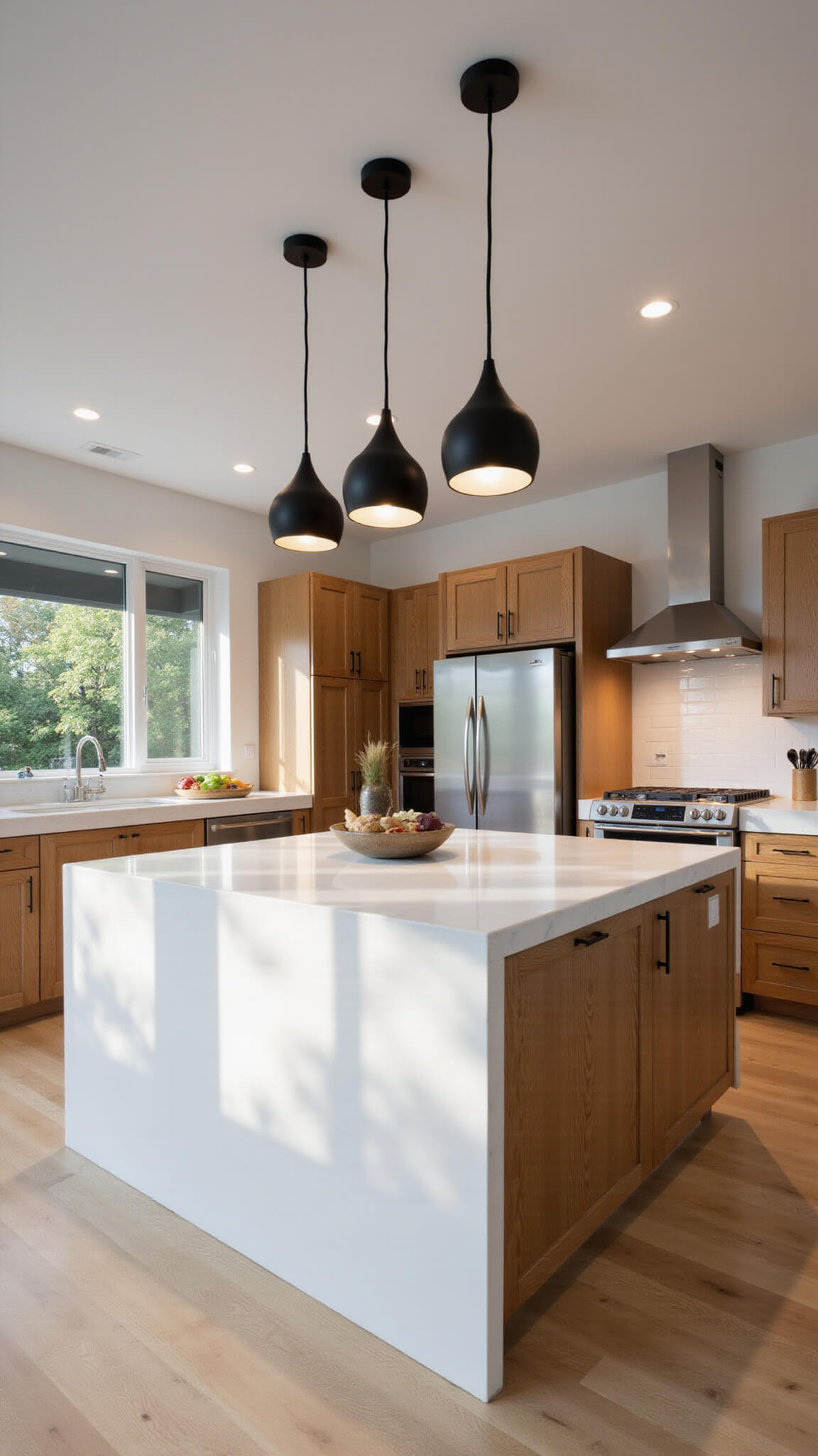 Modern kitchen with three matte black pendant lights over a white quartz island, warm oak cabinets, and soft natural and LED lighting.
