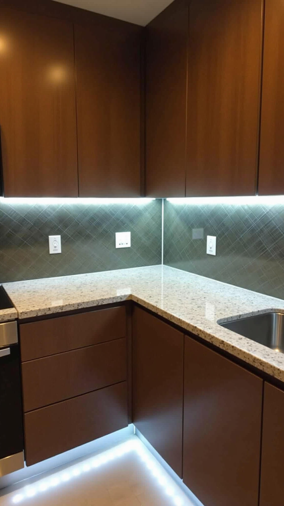 Under-cabinet white LED lighting illuminating L-shaped granite kitchen counter beneath walnut cabinets with chrome fixtures and glass backsplash at dusk.