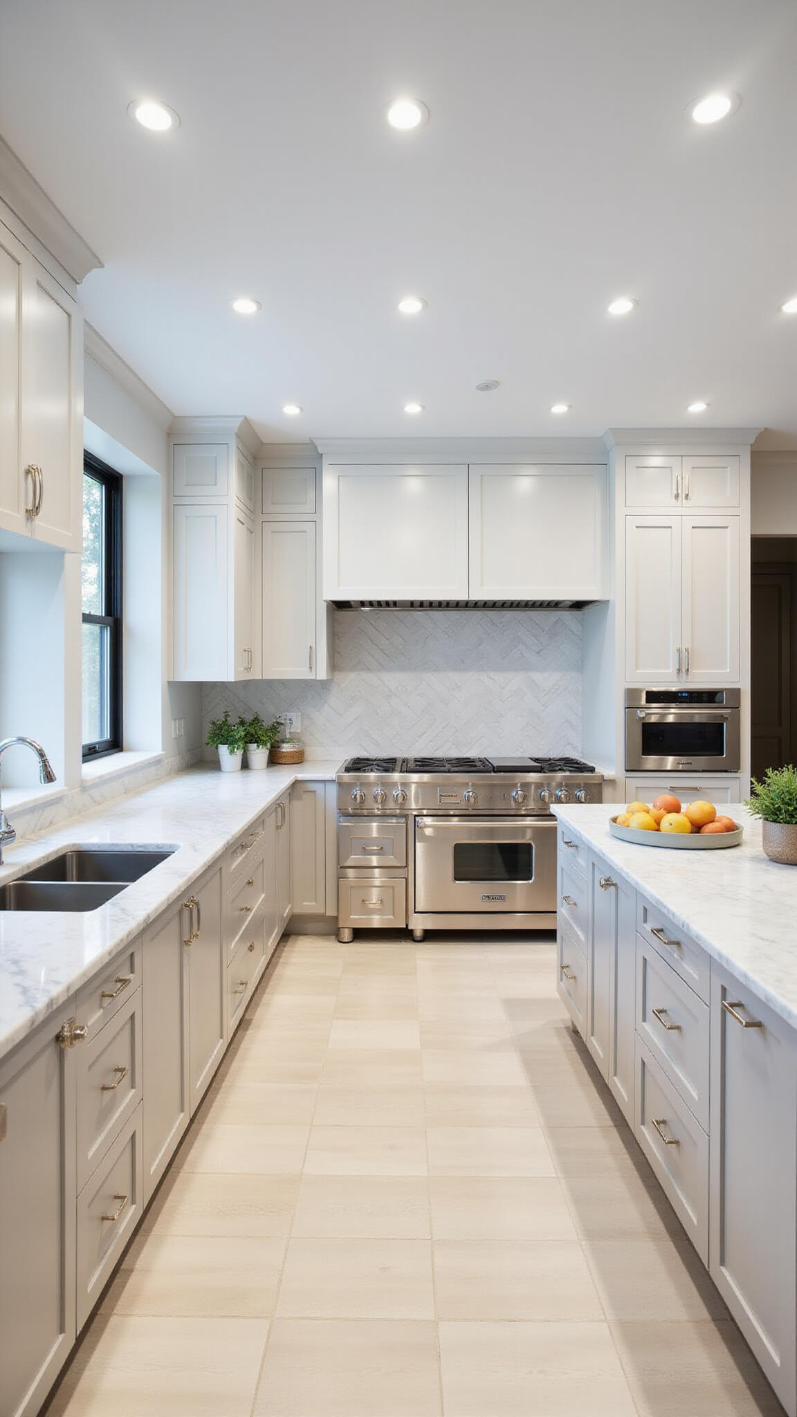 Bird's eye view of a 15x18ft chef's kitchen with evenly spaced recessed LED lights, white shaker cabinets, Carrara marble countertops, and a center island with prep sink and professional range.