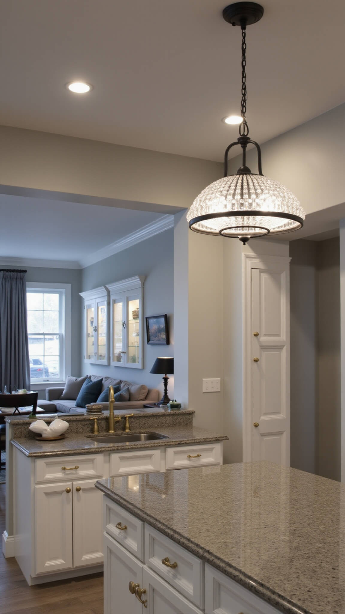 Open-concept kitchen at twilight with crystal pendant, recessed lights, and LED cabinet lighting showing layered illumination.