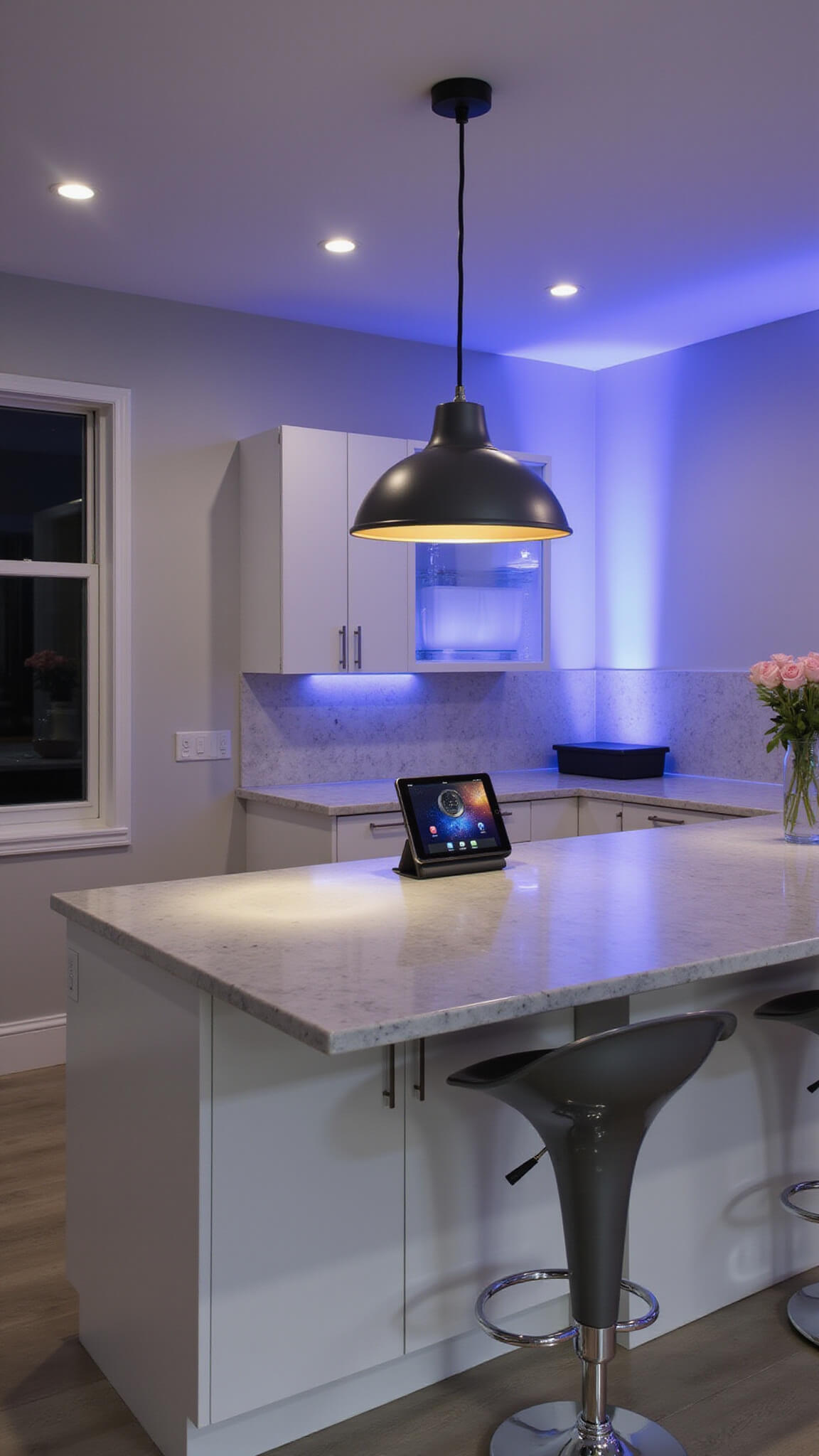 Smart kitchen with dynamic color-changing LED lights, iPad lighting controls, touch-sensitive switches on marble backsplash, and modern dimmable pendant over breakfast bar.