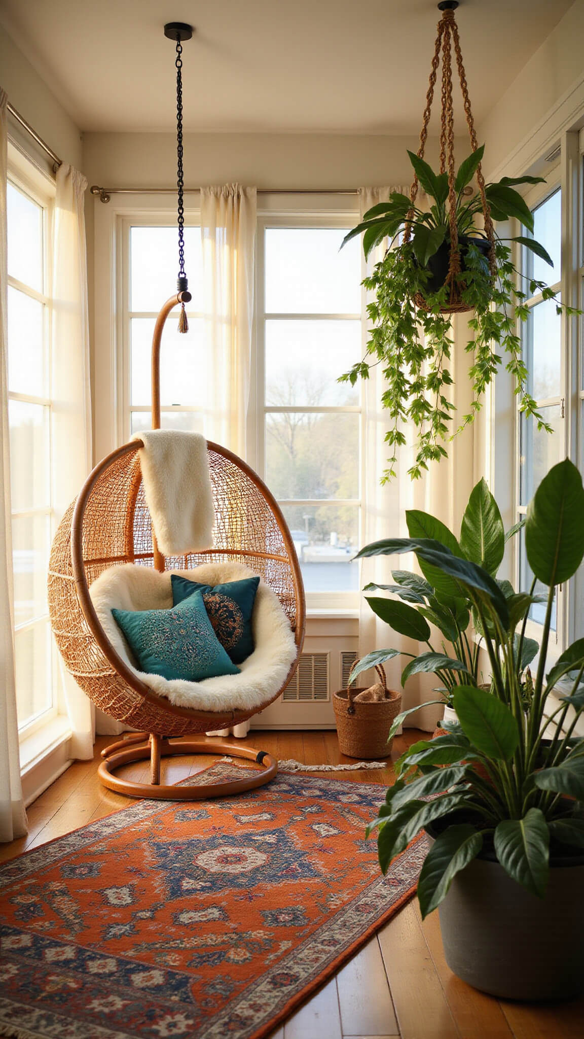 Sunlit sunroom with floor-to-ceiling windows, rattan egg chair, layered Moroccan rugs, and lush hanging plants at golden hour.