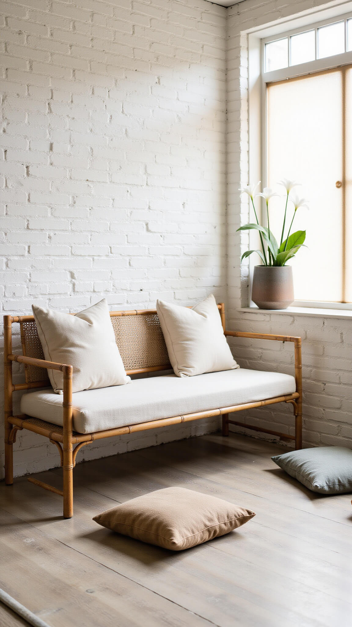 Minimalist Zen Boho sunroom with bamboo daybed, earth-toned floor cushions, and peace lily, bathed in soft morning light through rice paper screens.