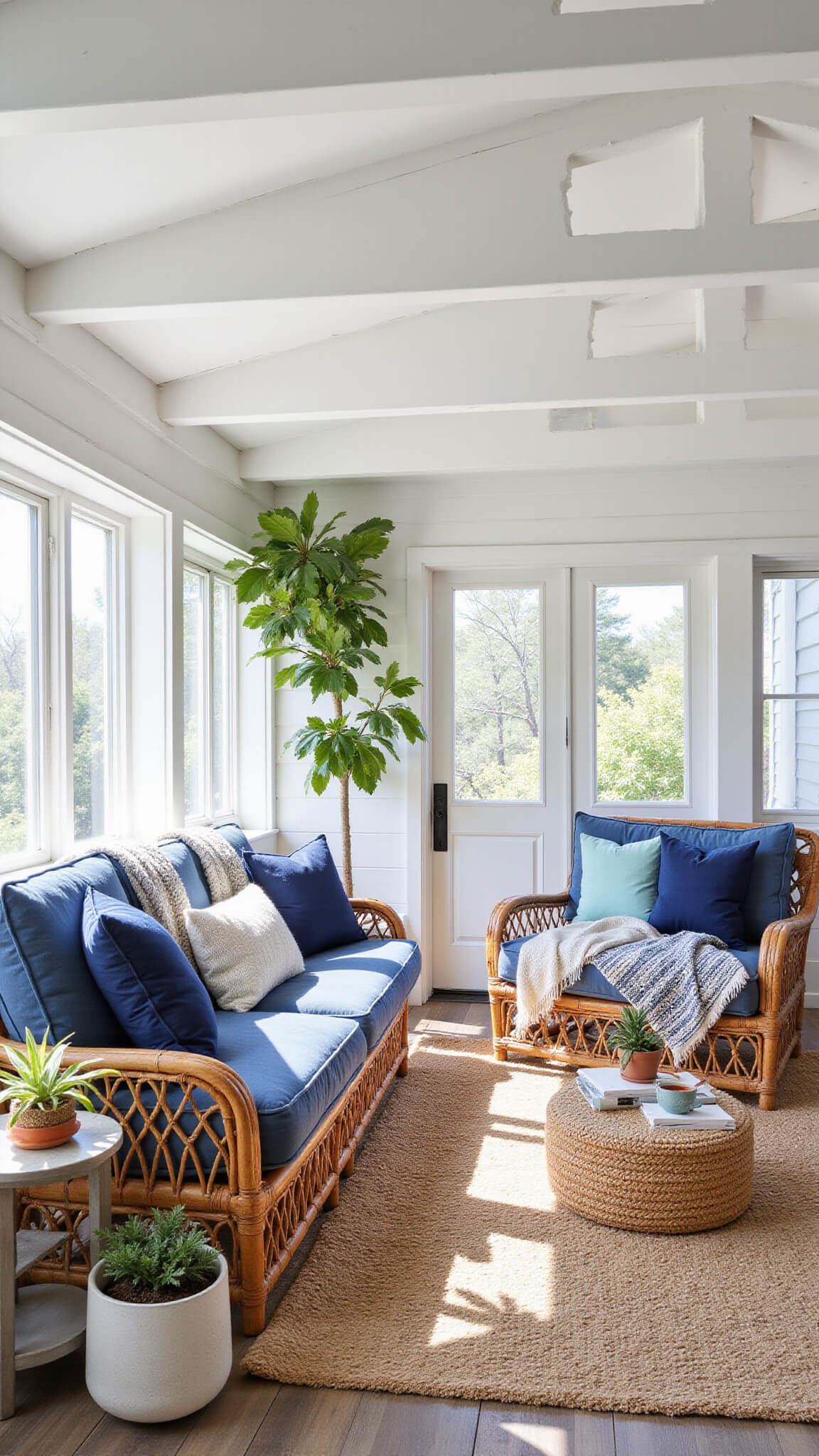 Coastal boho sunroom with vaulted ceiling and white beams, featuring vintage blue-wash rattan seating, indigo pillows, layered rugs, and potted succulents in afternoon light.
