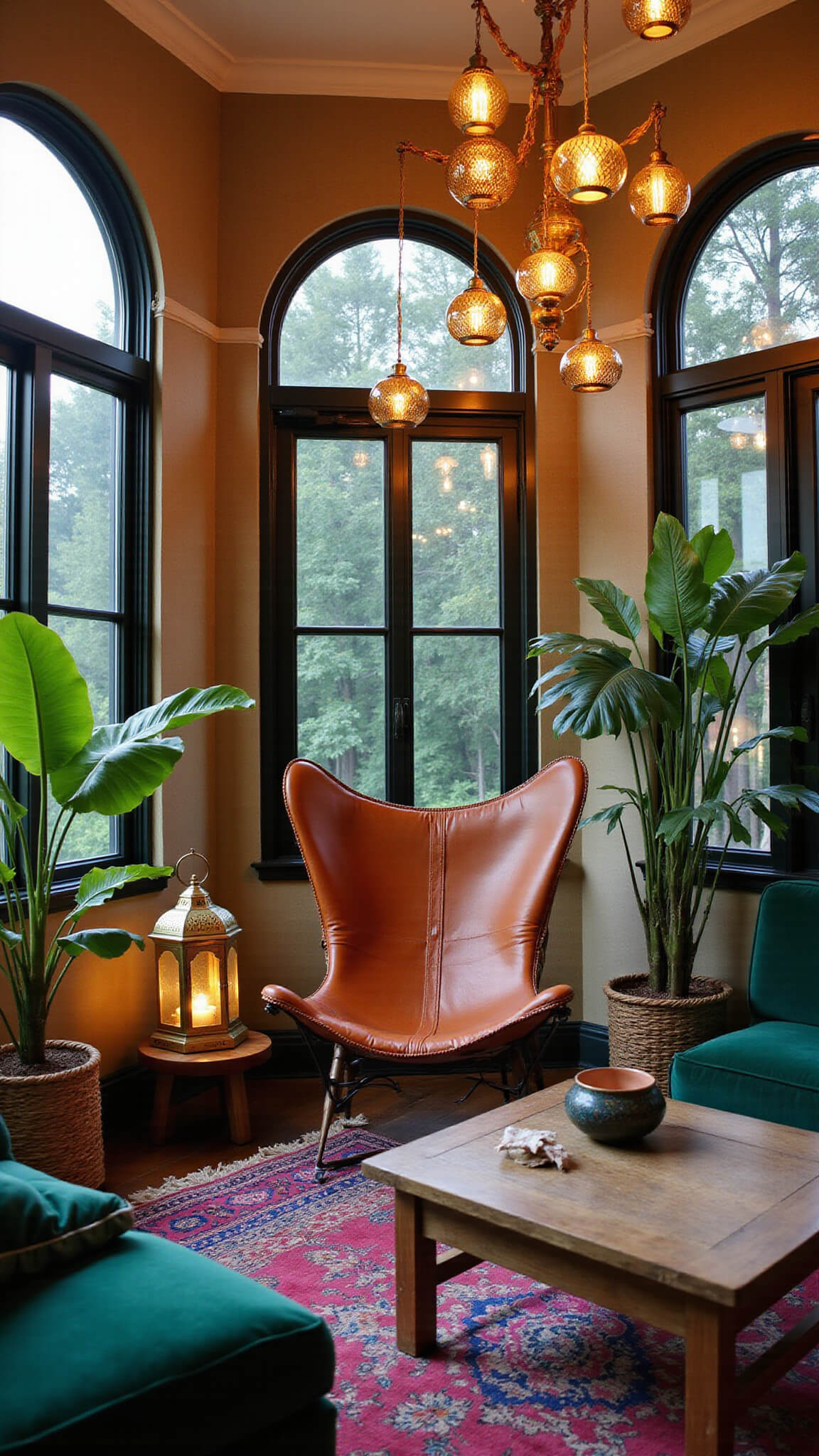 Tropical boho sanctuary with curved bay windows, brass Moroccan lanterns, string lights, leather butterfly chair, reclaimed wood coffee table, fiddle leaf figs, and vibrant emerald and fuchsia textiles against neutral grasscloth walls.