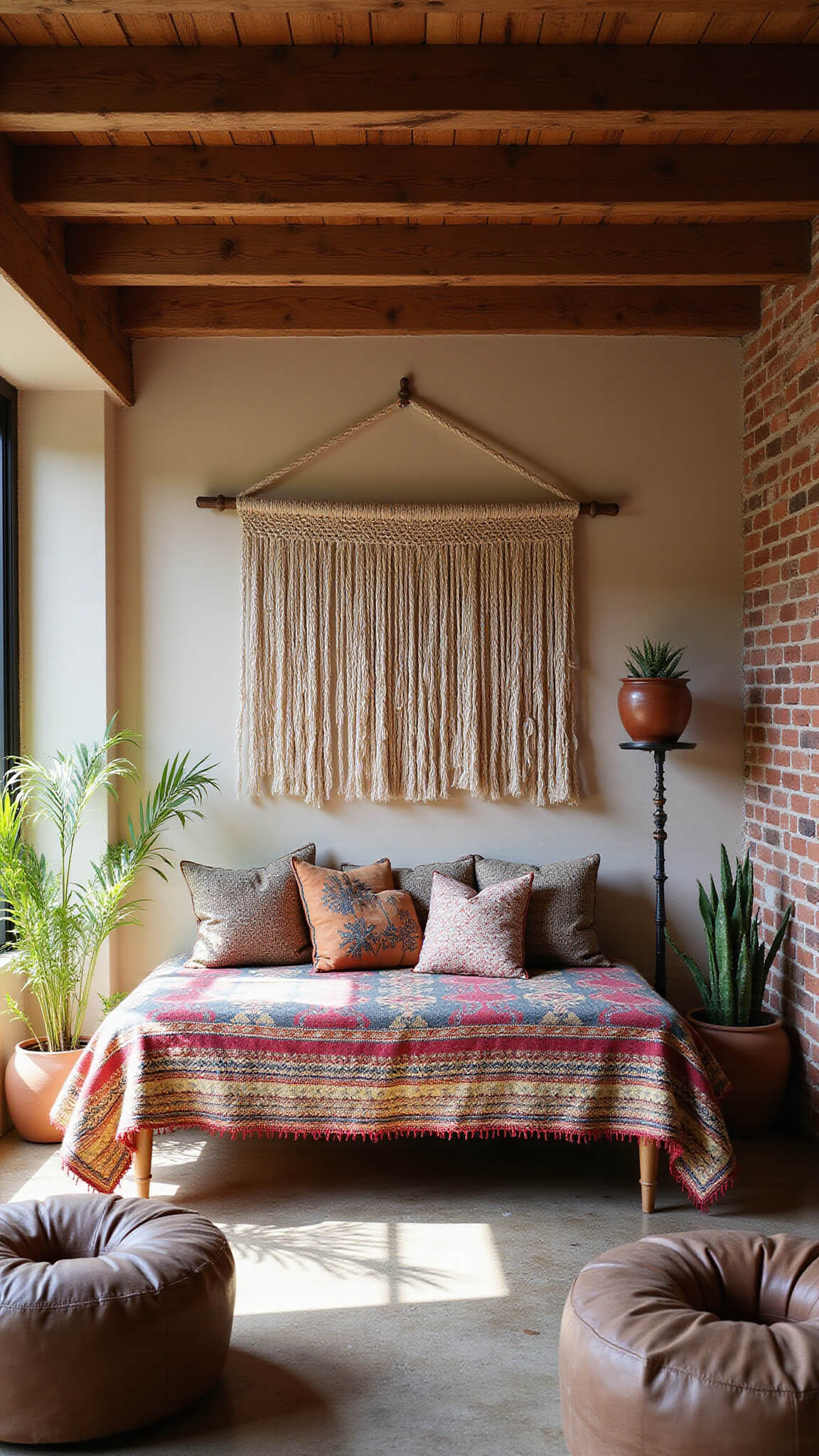 Rustic boho living space with exposed beams, brick accent wall, vintage kilim daybed, leather poufs, macramé wall hanging, and terra cotta succulents, captured from low angle in late morning light.