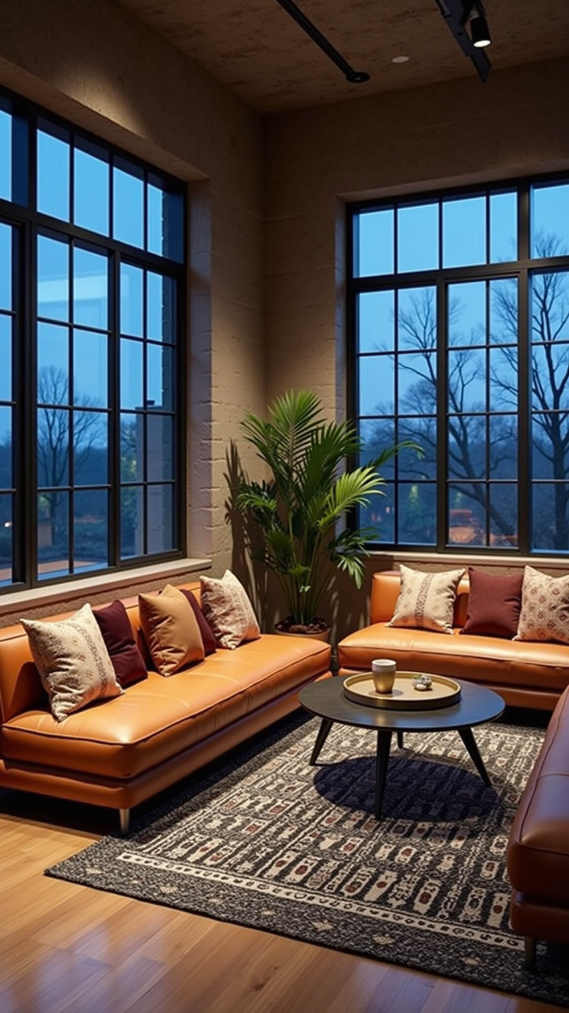 Modern boho lounge with cognac leather floor seating, brass tables, and Beni Ourain rug, lit by blue hour light and warm ceiling LEDs.
