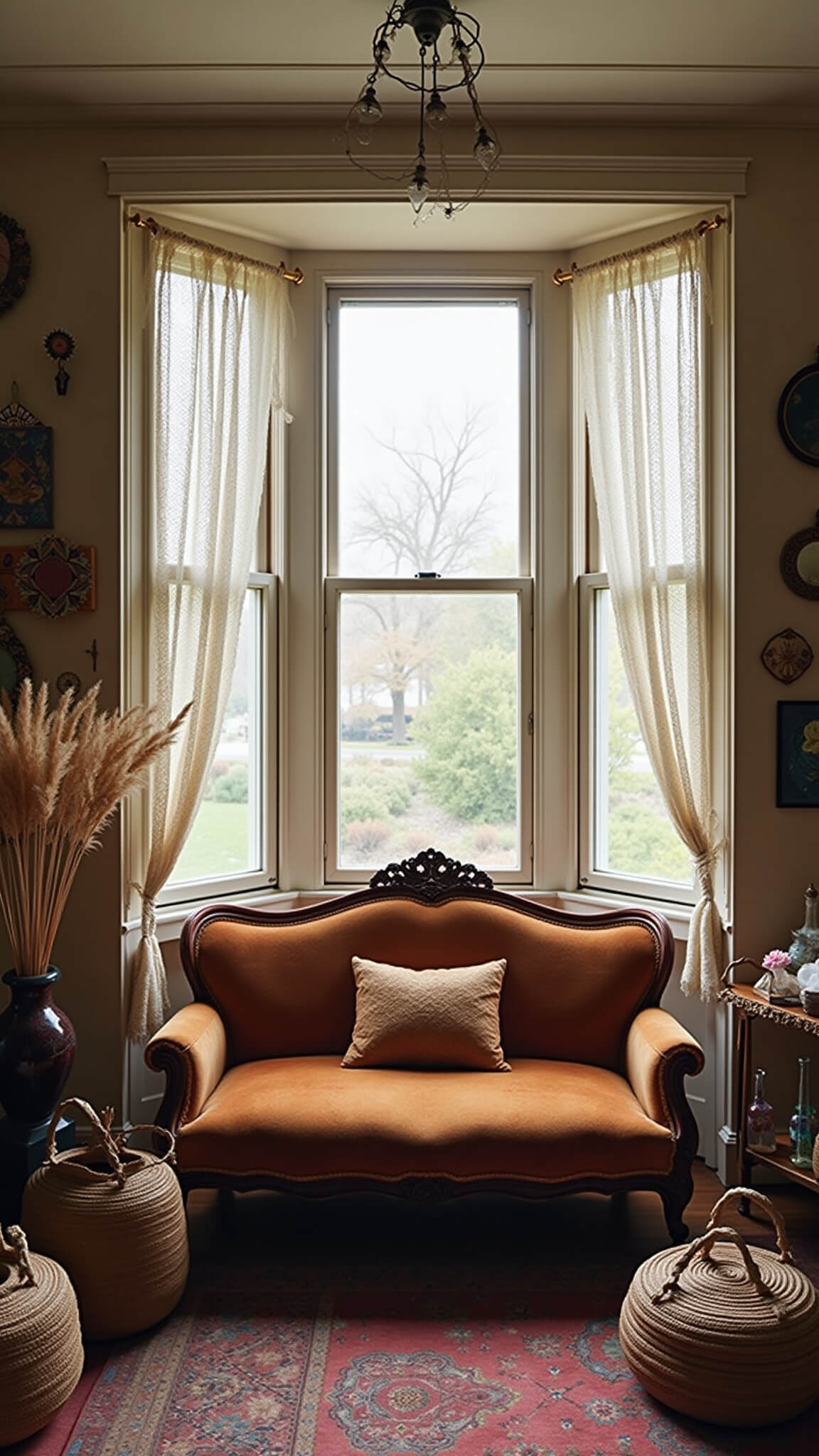Boho studio with Victorian bay window, lace curtains, textile art and mirrors above velvet fainting couch, dried pampas grass in woven baskets, and rainbow light from crystal prisms.