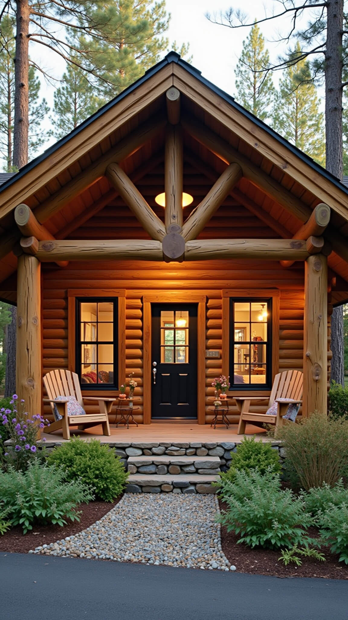 Classic woodland log cabin at golden hour with wraparound porch, tall black-framed windows, craftsman door, natural stone foundation, and forest backdrop.
