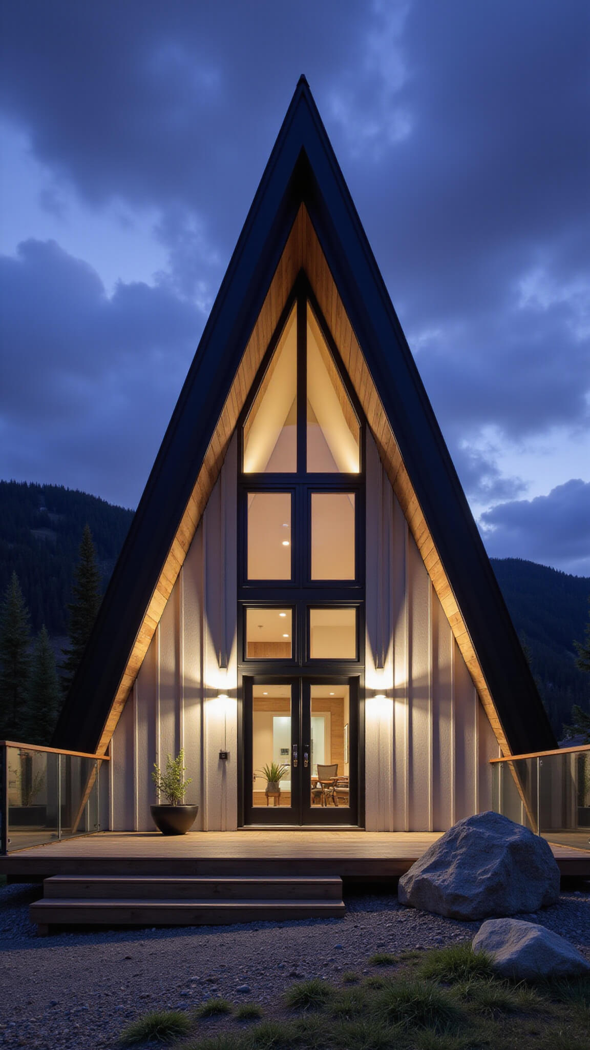 Modern A-frame cabin with steep black metal roof, large triangular windows, light gray cedar siding, glass-railed deck, and moody mountain backdrop at dusk.