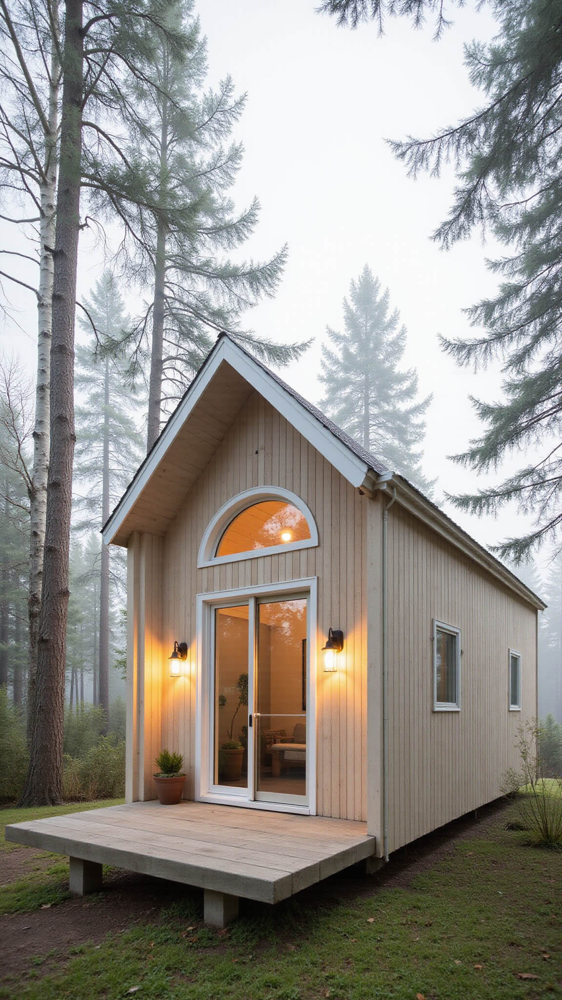 Scandinavian minimalist cabin with blonde pine exterior, large front windows, and concrete platform, framed by birch trees and grasses in a misty forest setting.