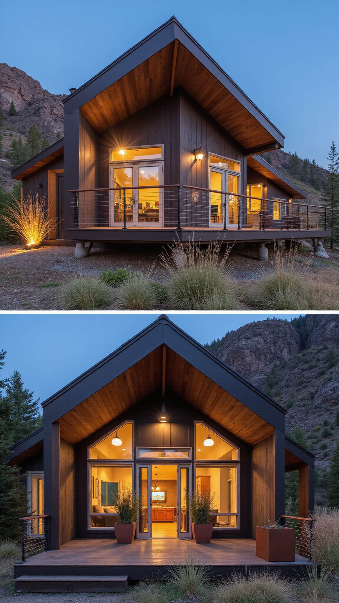 Modern rustic cabin with charred siding, cedar accents, asymmetrical roofline, and cantilevered deck set against rocky terrain at sunset.