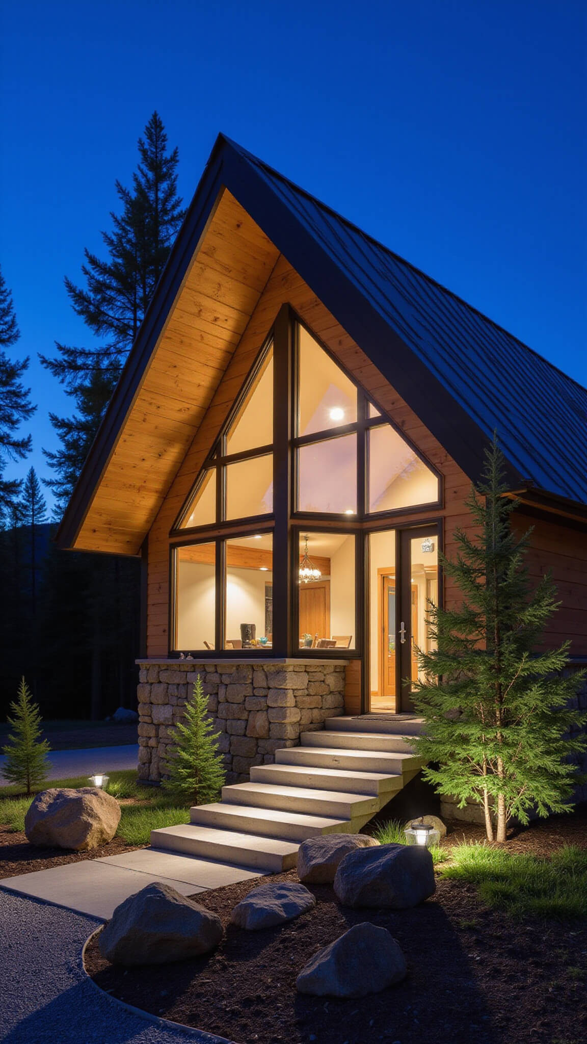 Twilight view of modern 22x36ft mountain cabin with stone base, cedar siding, metal roof, angular windows, and illuminated landscaping against mountain silhouette.