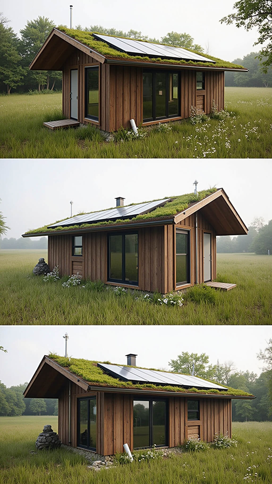 Morning view of eco-modern 20x30ft sustainable cabin with reclaimed wood siding, steel accents, living roof with native sedums, solar panels, rain chains, and native meadow landscaping.