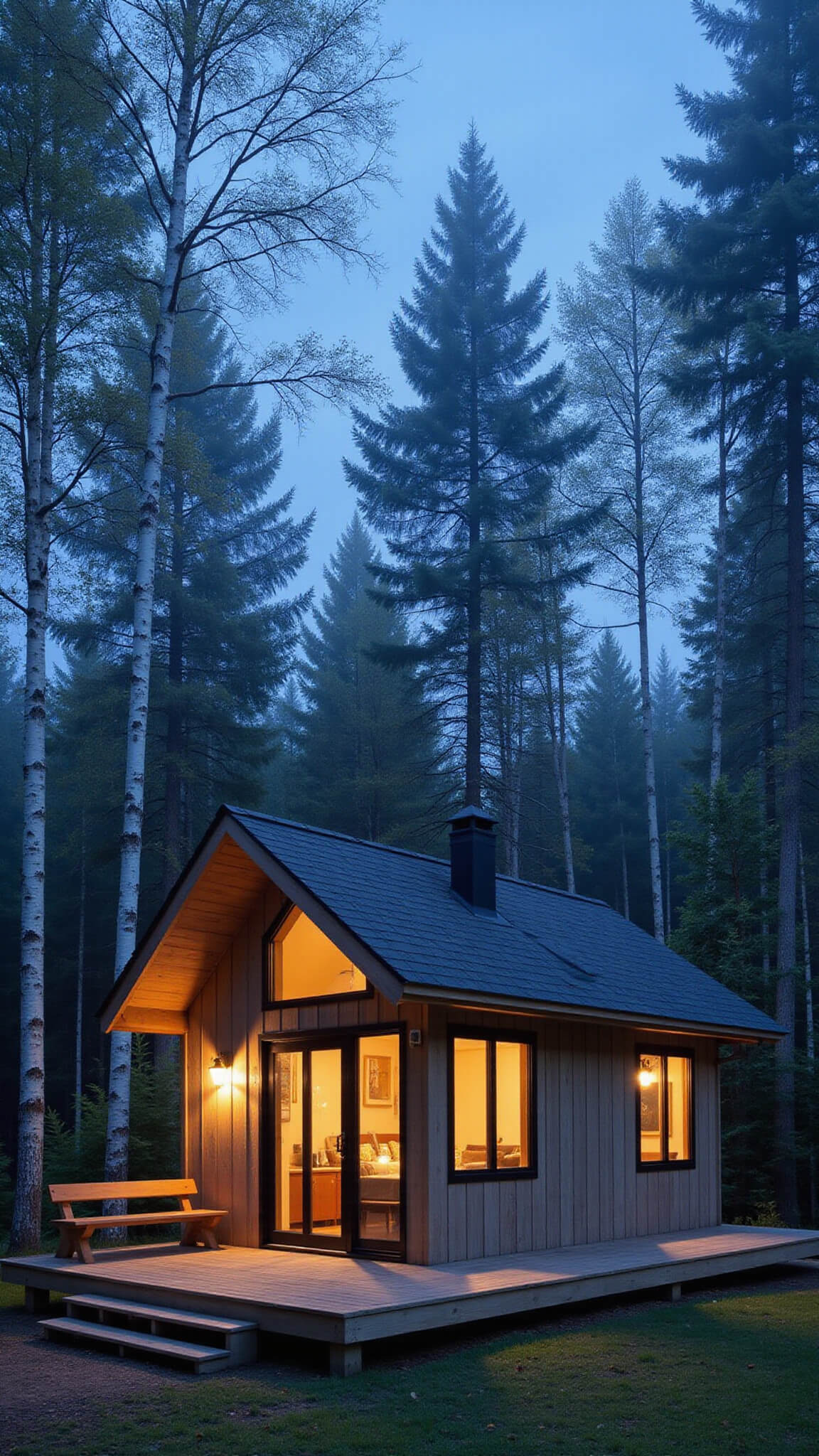 Cozy light-pine cabin with black-framed windows glowing at blue hour, nestled in birch grove with ferns and soft foggy forest background.