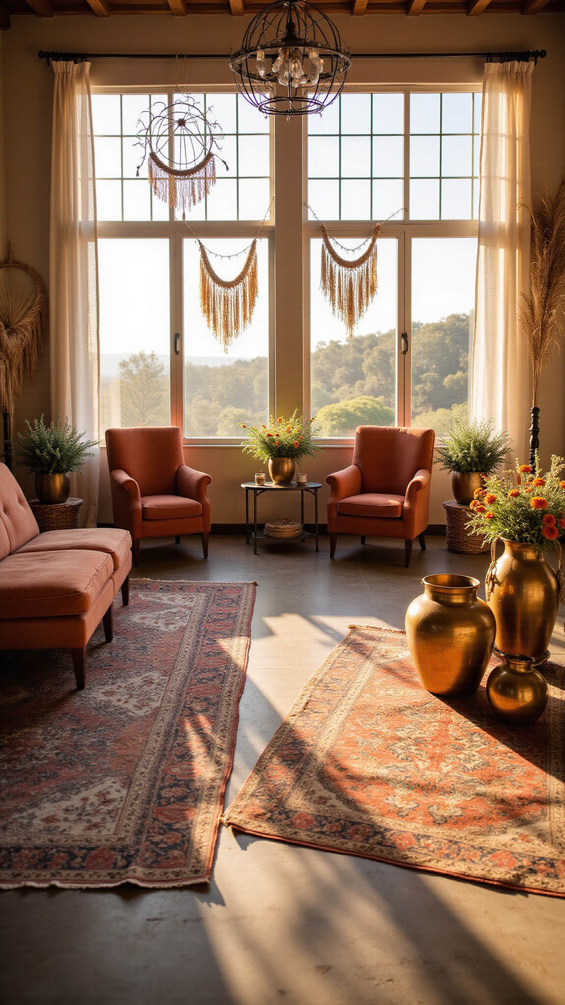 Bohemian wedding venue prep space at golden hour with layered Persian rugs, vintage velvet loungers, rattan furniture, macramé decor, and warm amber lighting through sheer curtains.