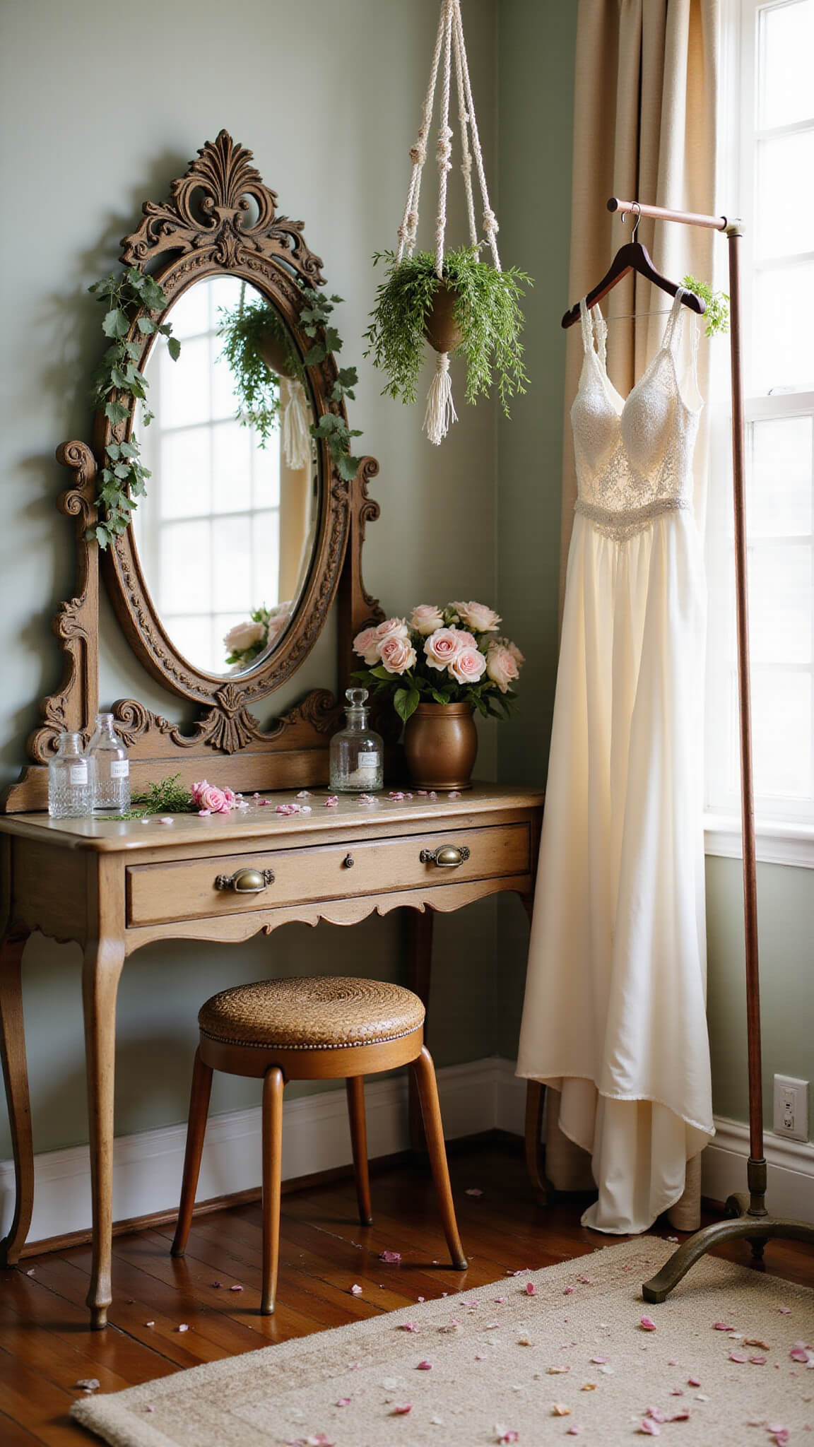 Boho bridal preparation corner with vintage vanity, dried floral mirror, hanging ferns, and handwoven wedding dress on copper rack in soft morning light.