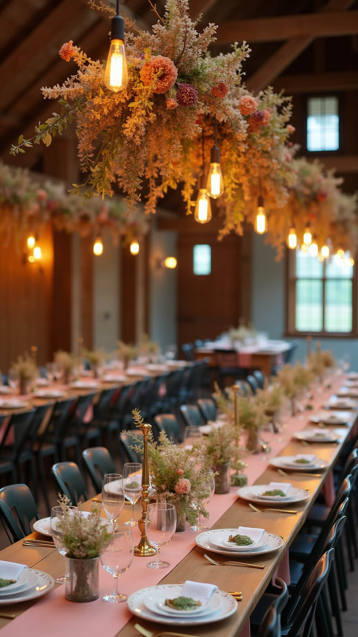 Dusk-lit reception in converted barn with long farm tables adorned with silk runners, vintage brass candleholders, and overhead dried flower and Edison bulb installation.
