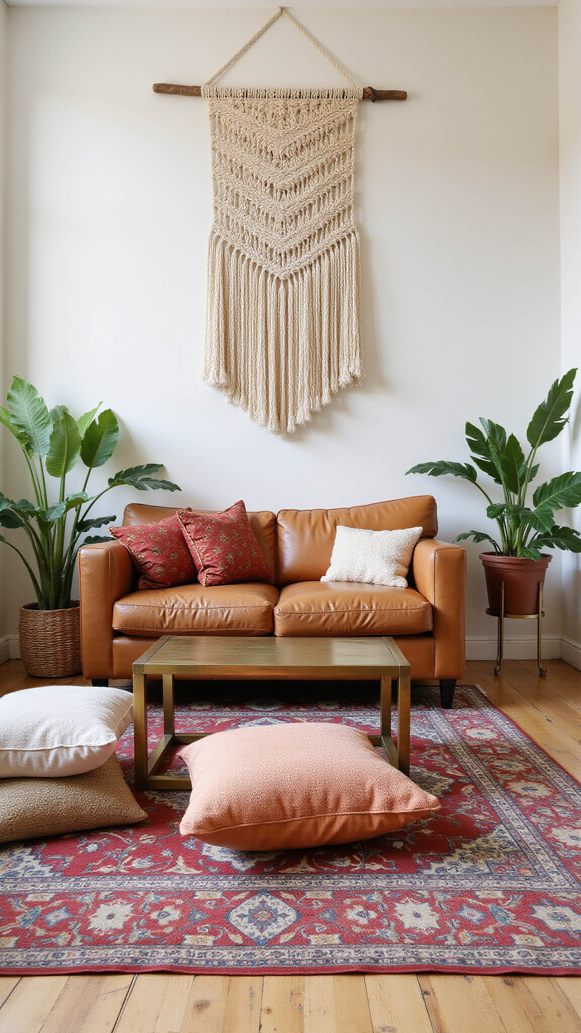 Cozy 12x15ft lounge with vintage Persian rug, caramel leather sofa, brass coffee table, macramé wall hanging, potted monstera plants, and warm rust, cream, and olive accents.