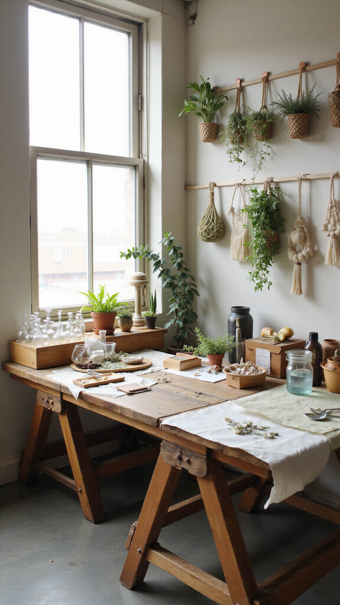 DIY crafting station bathed in morning light with trestle tables showcasing vintage glassware, macramé supplies, and flower-pressing tools; copper wall racks hold dried flowers in a bright, natural-toned space with marigold and sage accents.